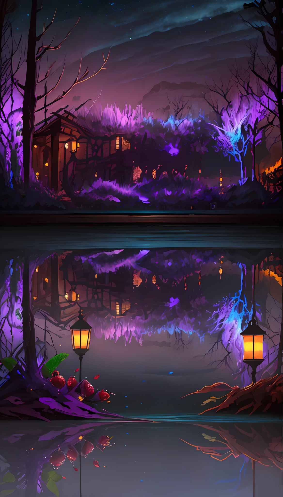a purple glowing ***___Blueberry and Strawberry Daquarri Cocktail___*** glows in the dark, in the style of imaginative fantasy landscapes, ***___on the balcony of a Rustic Jazz bar, Epic Gas Swamp Background,___*** detailed character design, hyper-realistic details, atmospheric woodland imagery, lightbox, colorful woodcarvings, uhd image