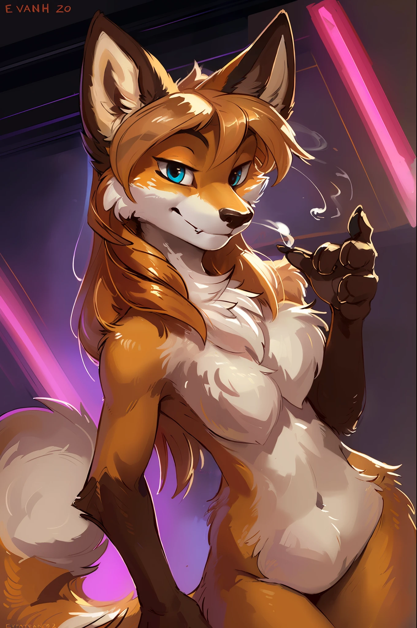 averi, fox girl, big chest, day, sexy, sensual, detailed, uploaded to e621, beautiful and detailed portrait of an anthropomorphic vixen ((woman))) kenket, ross tran, ruan jia, uploaded to e621, zaush, foxovh, movie lighting, nightclub, party, neon lights, smoke, seductive look