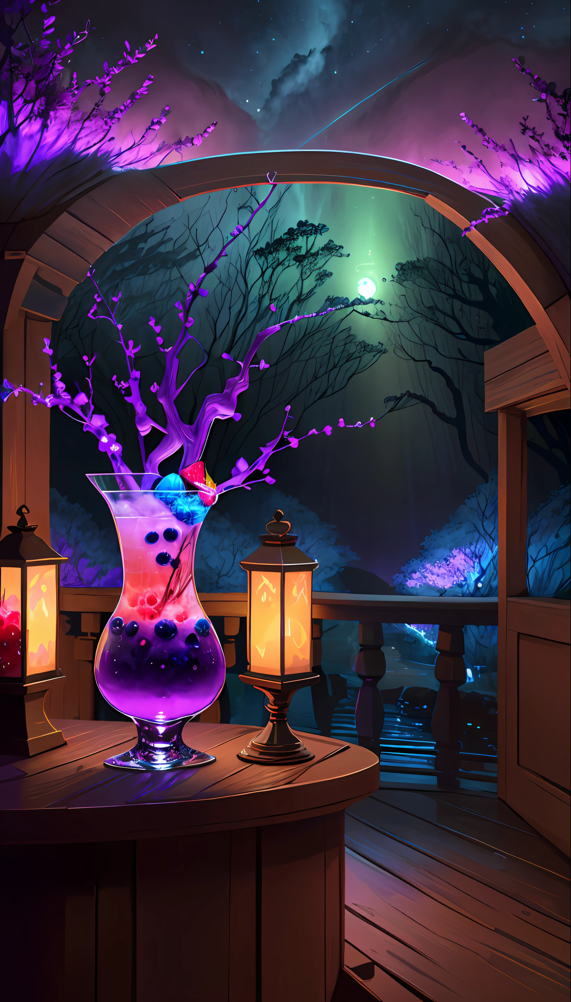 a purple glowing ***___Blueberry and Strawberry Daquarri Cocktail___*** glows in the dark, in the style of imaginative fantasy landscapes, ***___on the balcony of a Rustic Jazz bar, Epic Gas Swamp Background,___*** detailed character design, hyper-realistic details, atmospheric woodland imagery, lightbox, colorful woodcarvings, uhd image
