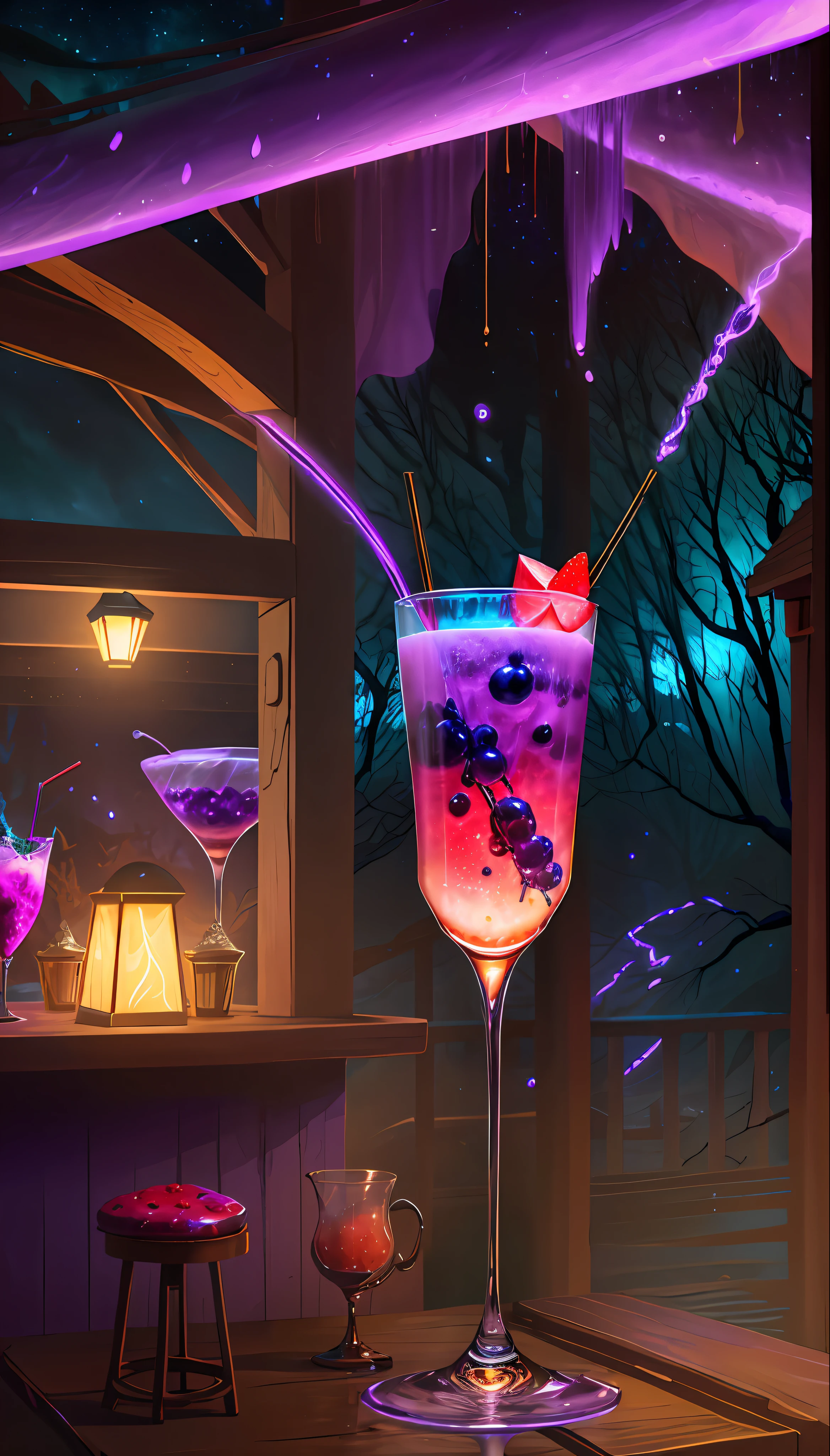 a purple glowing ***___Blueberry and Strawberry Daquarri Cocktail___*** glows in the dark, in the style of imaginative fantasy landscapes, ***___on the balcony of a Rustic Jazz bar, Epic Gas Swamp Background,___*** detailed character design, hyper-realistic details, atmospheric woodland imagery, lightbox, colorful woodcarvings, uhd image