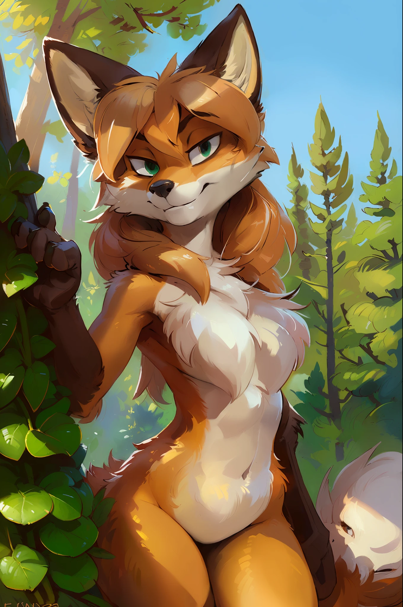 averi, fox girl, big chest, day, sexy, sensual, detailed, uploaded to e621, beautiful and detailed portrait of an anthropomorphic vixen ((woman))) kenket, Ross Tran, ruan jia, uploaded to e621, zaush, foxovh, film lighting, suggestive pose, seductive look, smug smile