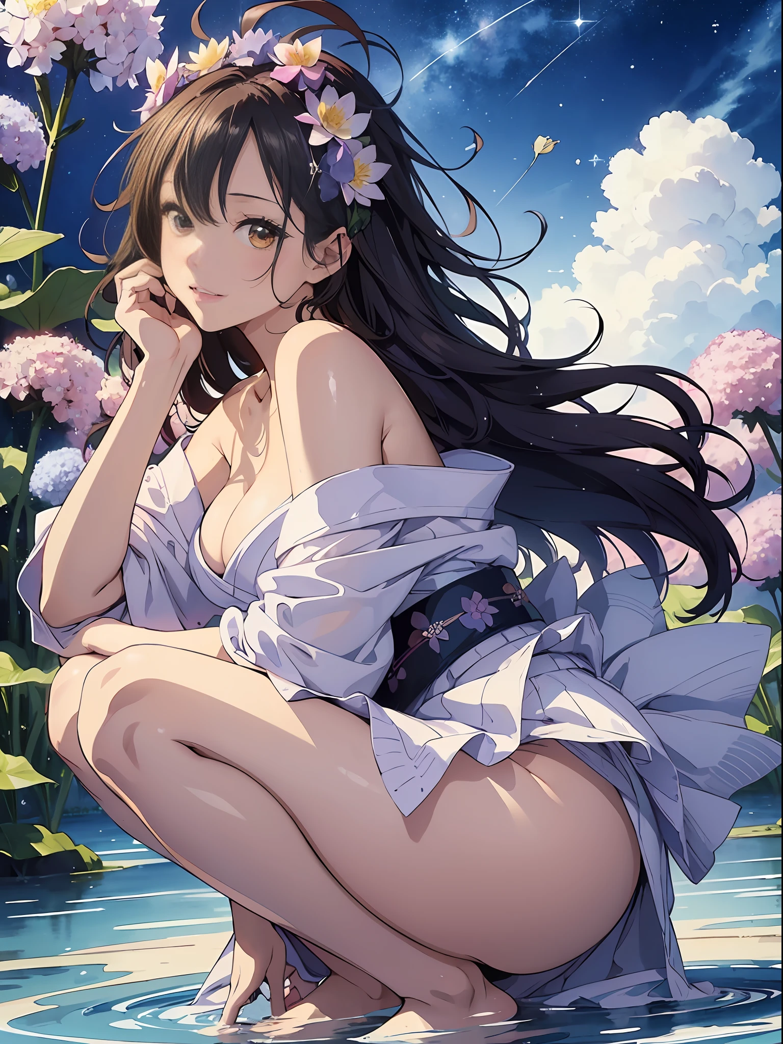 (masterpiece, top quality, best quality, watercolor (medium), extremely cute and beautiful woman, official art, beautiful and aesthetic:1.2), (1girl:1.3), (fractal art:1.3), perfect small butt, up-skirt, wearing a off-shoulder kimono outfit with a pleats short skirt, gorgeous hazel eyes, intricate, cleavage, soft lips, smiling, naughty, seductive glance, freckles, side boob, under boob, tattoo, character focus, from side, wind, water, liquid, cloud, colorful, starry, stars, floating hairs, seductive, attractive, classy, fantastic, fashion, seductive posing, hydrangea flower, floating hydrangea flower, perfect anatomy, perfect proportion, 8 life size, Japanese anime style, concept art by Kyoto animation, storm, splash, Lotus flower, floating Lotus flower, bubble, squatting, from side,