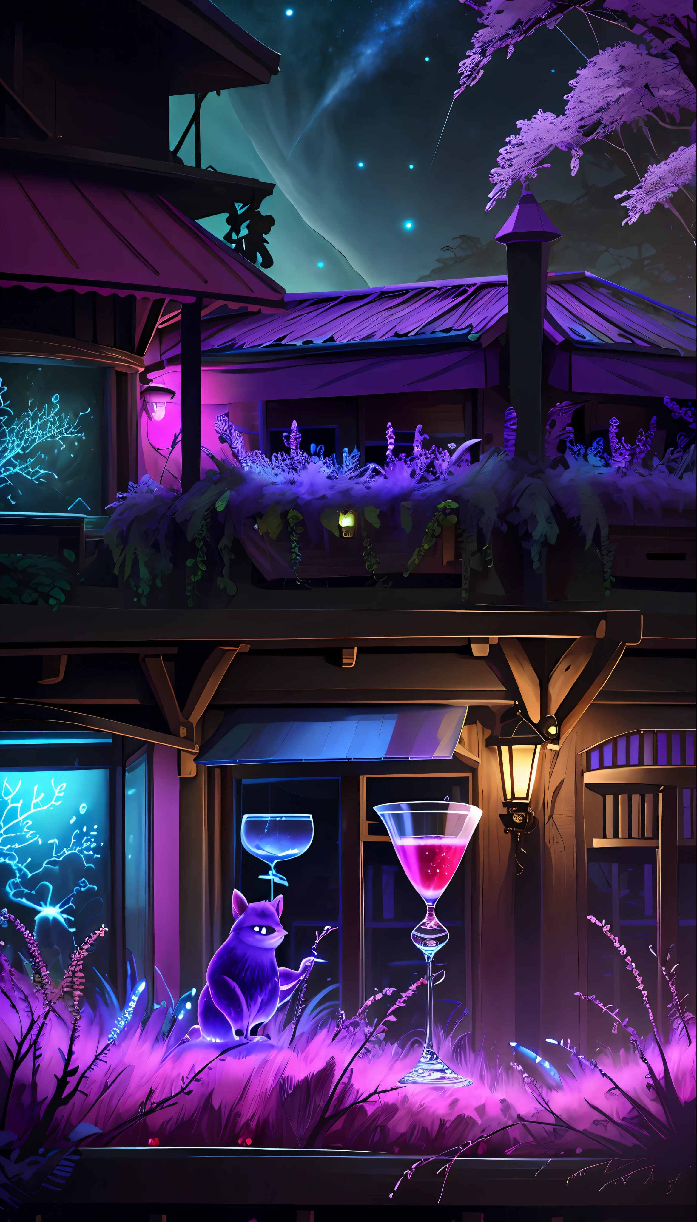 a purple glowing ***___Blueberry and Strawberry Daquarri Cocktail___*** glows in the dark, in the style of imaginative fantasy landscapes, ***___on the balcony of a Rustic Jazz bar, Epic Gas Swamp Background,___*** detailed character design, hyper-realistic details, atmospheric woodland imagery, lightbox, colorful woodcarvings, uhd image