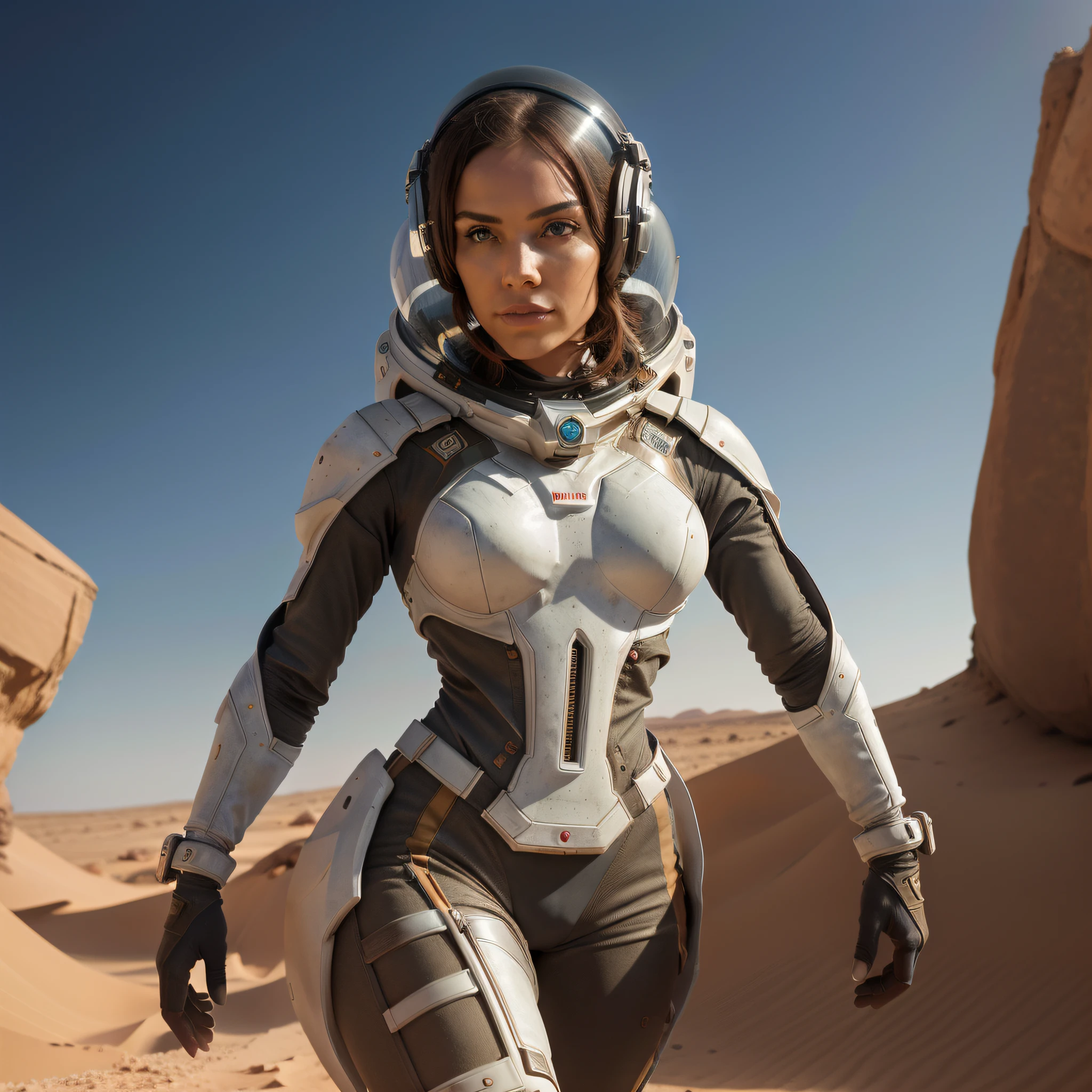 "Create a visually stunning scene that depicts a stunning woman with long hair wearing a futuristic astronaut suit while walking on the Martian surface. The atmosphere should be immersive and captivating, with sunlight from Mars illuminating the landscape in a unique way. The warm, golden light of the sunset should bathe the scene, highlighting the arid textures and rock formations characteristic of Mars. The woman should be portrayed as a heroic and elegant figure, with realistic details in her futuristic outfit that reflect advanced technology. The texture of the spacesuit should convey a sense of durability and functionality, while also displaying modern aesthetic elements. Be sure to pay attention to the woman's facial details, emphasizing her beauty and determined expression as she explores the harsh environment of Mars. You can add reflections to the helmet visors to create a futuristic effect and make your eyes stand out. The surrounding landscape should be replete with realistic details such as Martian rocks, fine sand, and distant reddish mountains. Add subtle elements of mist or dust in the air to accentuate the mysterious atmosphere and cinematic aspect of the scene. Pay special attention to cinematic lighting, accentuating the shadows and highlighting the sunlit areas. Play with the contrasts to create a dramatic and realistic effect, emphasizing the shapes and depth. The final artwork should capture the essence of space exploration, combining futuristic and realistic elements to create a stunning depiction of a brave and beautiful woman on a mission to Mars."