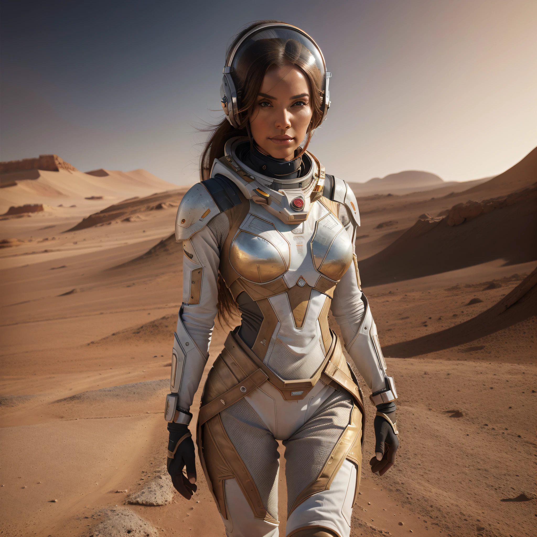 "Create a visually stunning scene that depicts a stunning woman with long hair wearing a futuristic astronaut suit while walking on the Martian surface. The atmosphere should be immersive and captivating, with sunlight from Mars illuminating the landscape in a unique way. The warm, golden light of the sunset should bathe the scene, highlighting the arid textures and rock formations characteristic of Mars. The woman should be portrayed as a heroic and elegant figure, with realistic details in her futuristic outfit that reflect advanced technology. The texture of the spacesuit should convey a sense of durability and functionality, while also displaying modern aesthetic elements. Be sure to pay attention to the woman's facial details, emphasizing her beauty and determined expression as she explores the harsh environment of Mars. You can add reflections to the helmet visors to create a futuristic effect and make your eyes stand out. The surrounding landscape should be replete with realistic details such as Martian rocks, fine sand, and distant reddish mountains. Add subtle elements of mist or dust in the air to accentuate the mysterious atmosphere and cinematic aspect of the scene. Pay special attention to cinematic lighting, accentuating the shadows and highlighting the sunlit areas. Play with the contrasts to create a dramatic and realistic effect, emphasizing the shapes and depth. The final artwork should capture the essence of space exploration, combining futuristic and realistic elements to create a stunning depiction of a brave and beautiful woman on a mission to Mars."