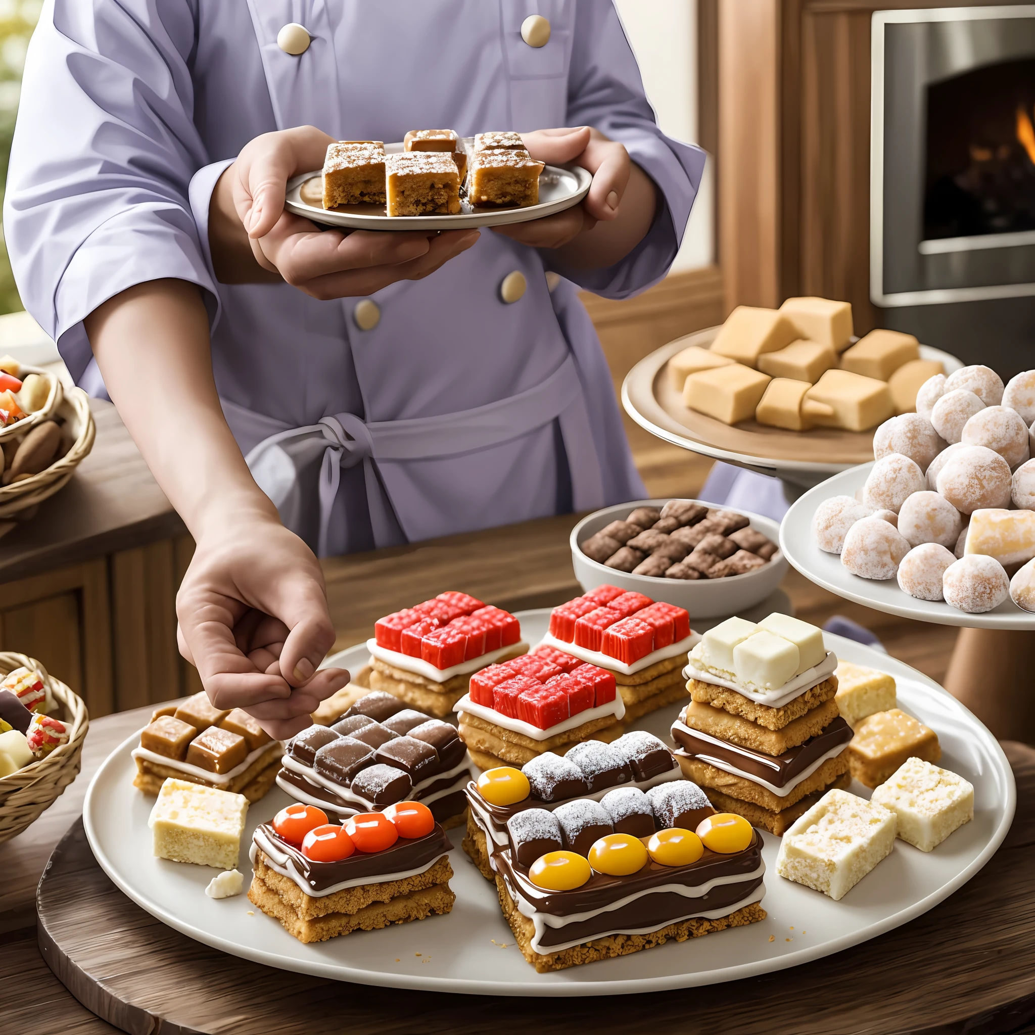 Photo of a hand holding a tray with homemade sweets: An image that shows a hand holding a tray with homemade sweets fresh out of the oven can convey a sense of warmth, craftsmanship and homemade quality, captivating readers in search of authentic and tasty recipes. --auto --s2