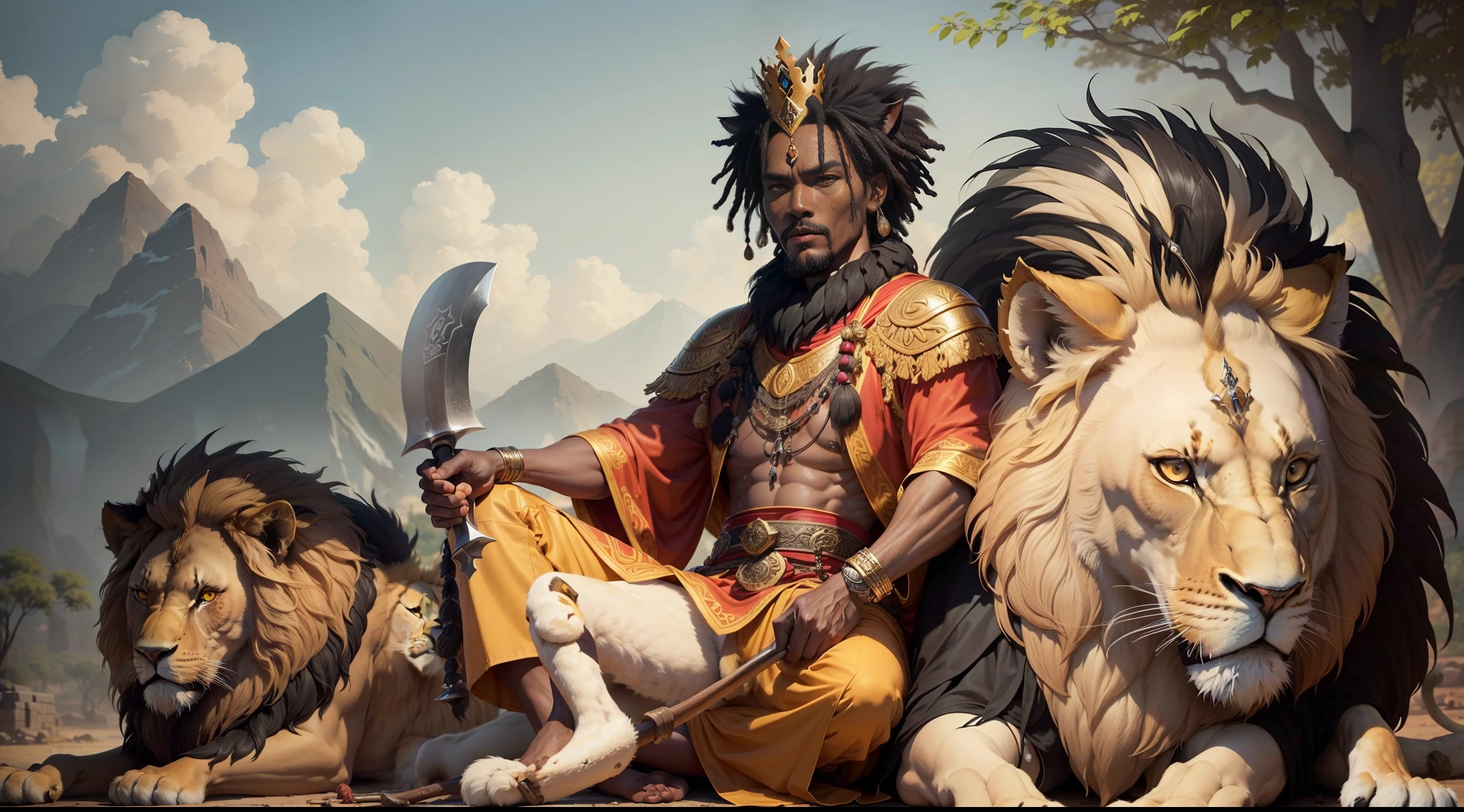 "Capture the real and dominant presence of Xangô, a 32-year-old man with black skin depicting a figure sitting on a stone throne in an Afro village with((( his faithful lion))) next to his throne adorned with majestic robes and a crown, short hair radiating authority and wisdom." clothes in the colors red and white, (((with a two-sided axe in hand)))