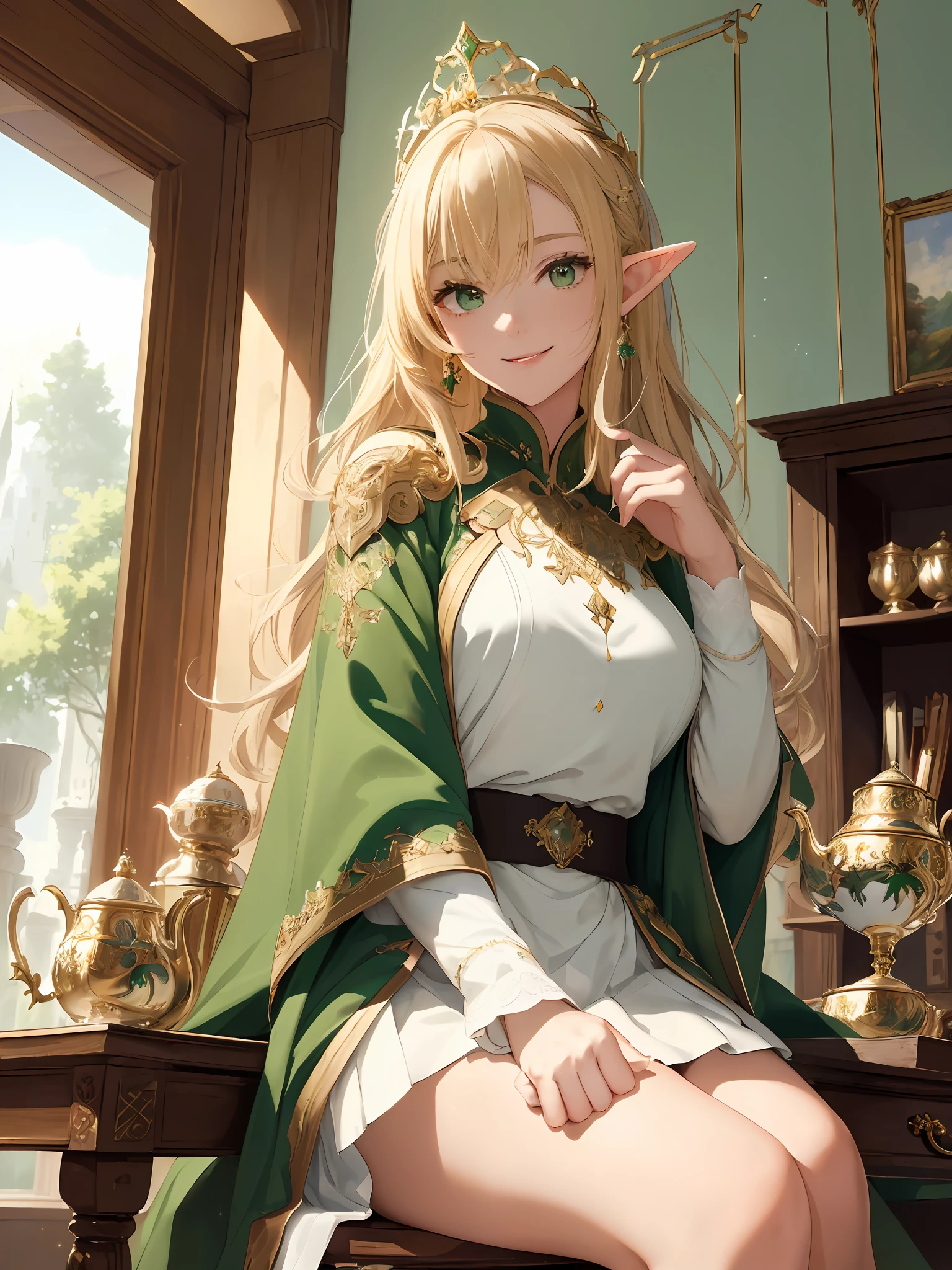 (((Masterpiece, highest quality, high definition, high detail)))), ((((Fantasy)))), one, (Elf woman)))), (short white skirt embroidered with gold), (blonde long straight hair), (glossy dark green eyes), (green surcoat embroidered with gold), big, (Queen's office)))), ((Large desk in the back)), (Luxurious drawing set in the front))), (( Sitting on the sofa and drinking tea from a teacup)), ((high ceiling)), (((many large doors)), tilting your head, smiling, (breeze), light particles flying