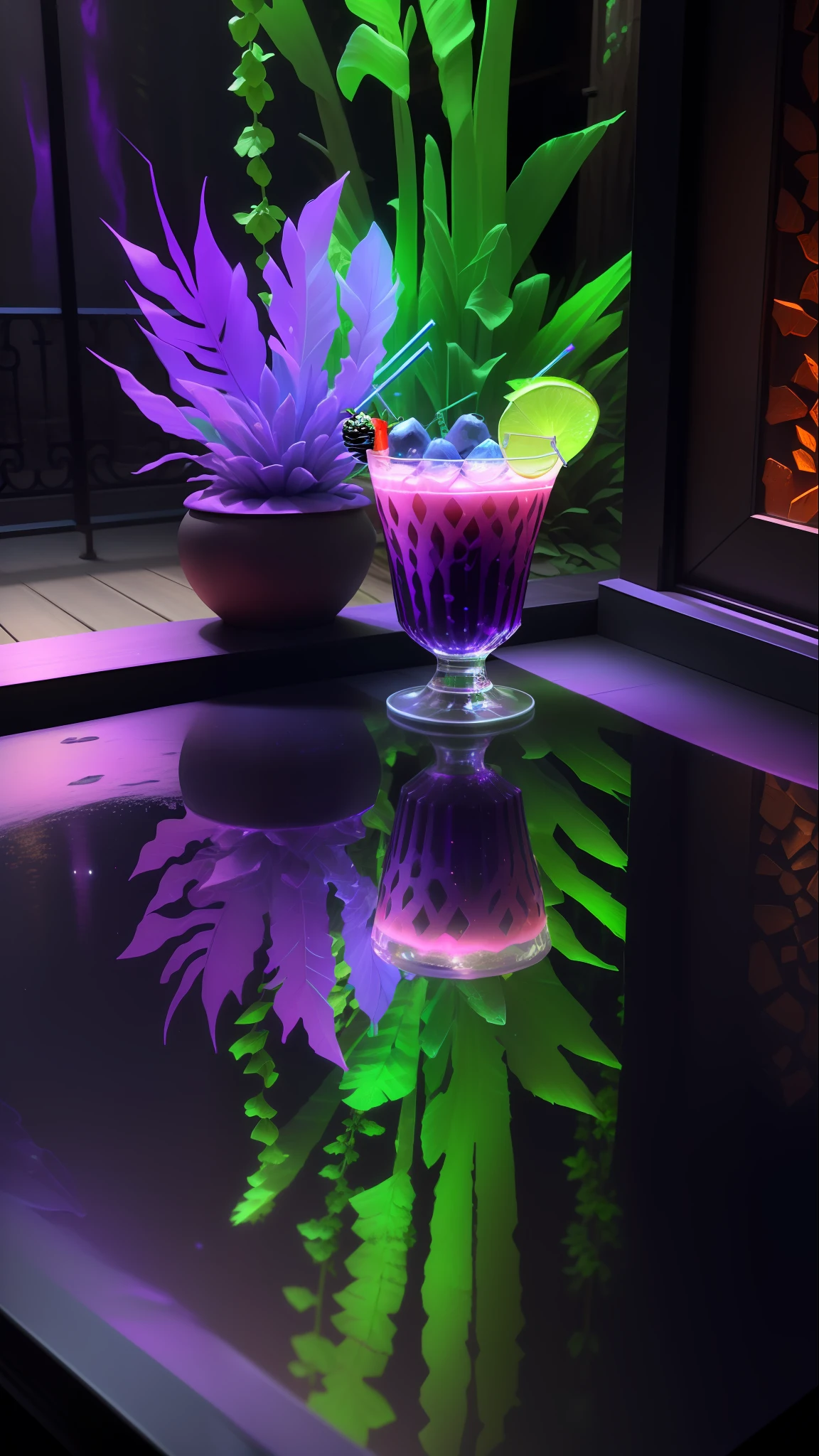 a purple glowing Blueberry and Strawberry Daquarri Cocktail glass, glows in the dark, in the style of imaginative fantasy landscapes, on the balcony of a Rustic Jazz bar, Epic Gas Swamp Background, detailed cocktail, hyper-realistic details, atmospheric woodland imagery, lightbox, colorful woodcarvings, uhd image, very cool, colorful straws, isometric 3D, octane rendering, ray tracing, very detailed