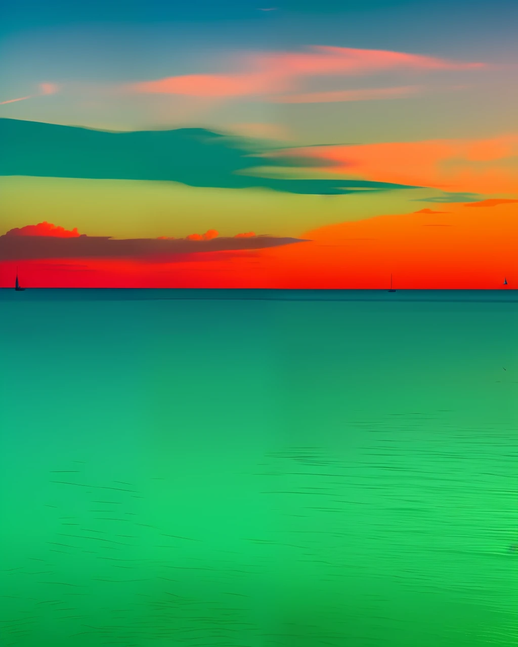 A green sea with red sky