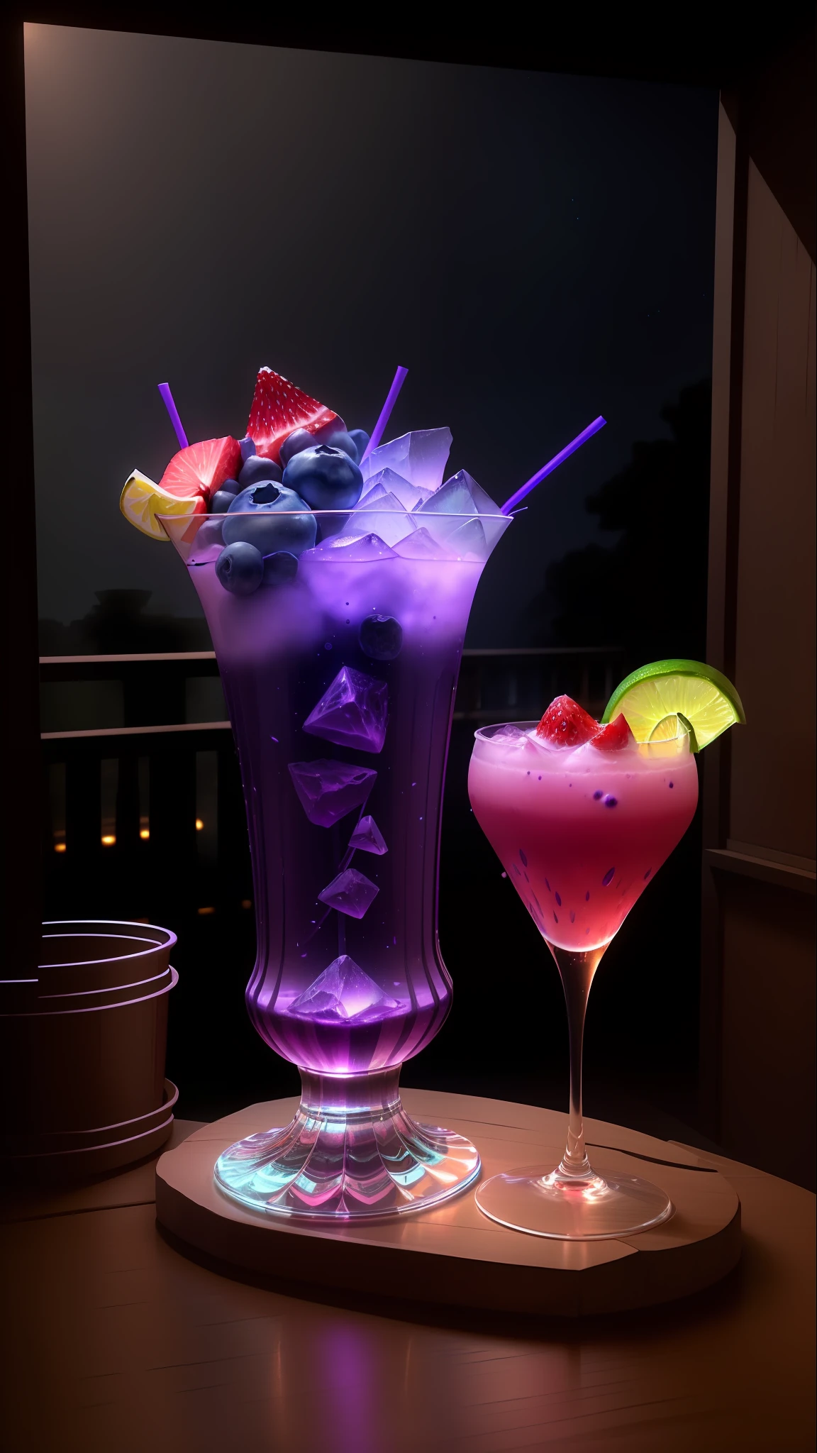 a purple glowing Blueberry and Strawberry Daquarri Cocktail glass, glows in the dark, in the style of imaginative fantasy landscapes, on the balcony of a Rustic Jazz bar, Epic Gas Swamp Background, detailed cocktail, hyper-realistic details, atmospheric woodland imagery, lightbox, colorful woodcarvings, uhd image, very cool, colorful straws, isometric 3D, octane rendering, ray tracing, very detailed