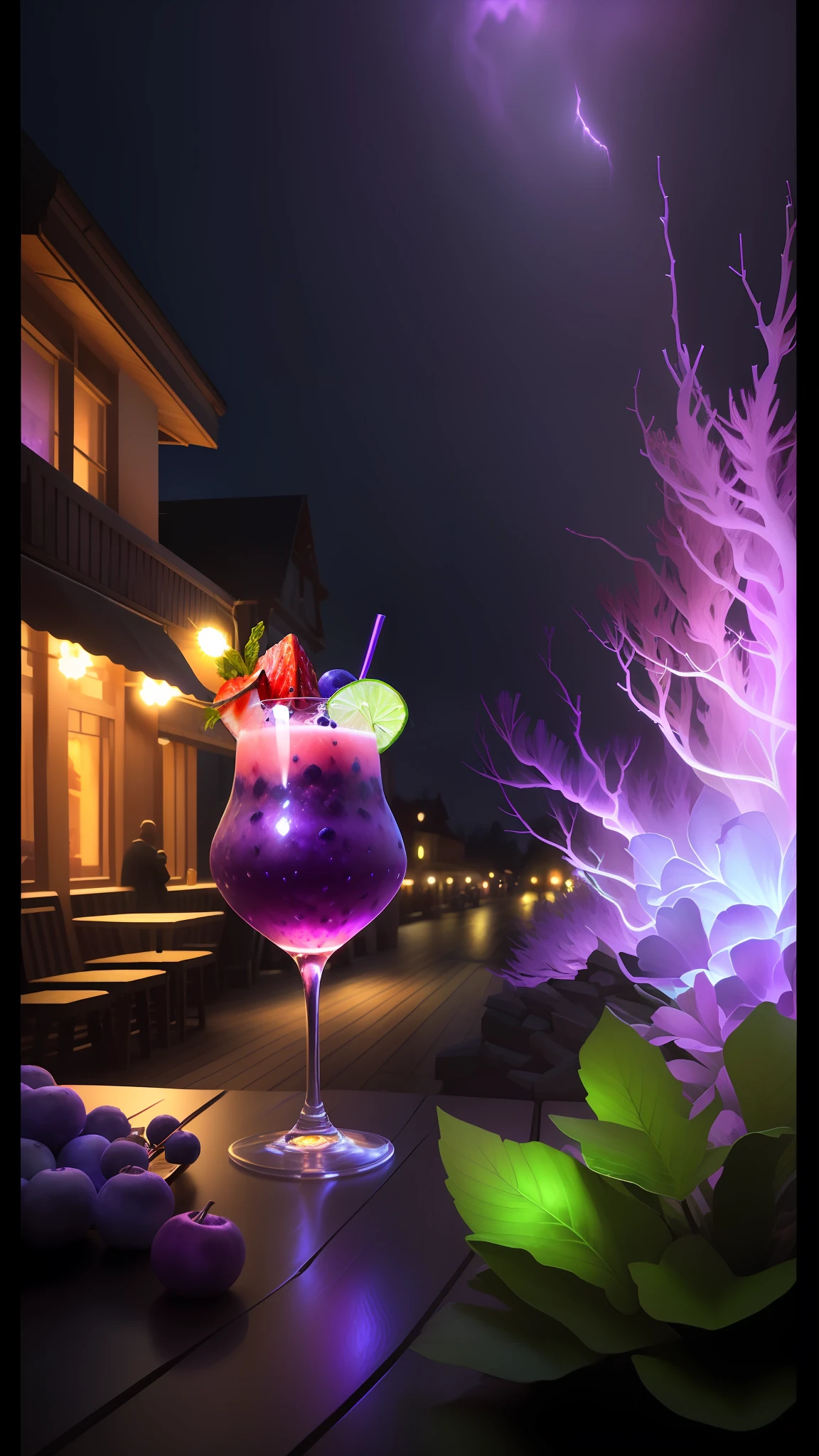 a purple glowing Blueberry and Strawberry Daquarri Cocktail glass, glows in the dark, in the style of imaginative fantasy landscapes, on the balcony of a Rustic Jazz bar, Epic Gas Swamp Background,etailed character design, hyper-realistic details, atmospheric woodland imagery, lightbox, colorful woodcarvings, uhd image, very cool, colorful straws, isometric 3D, octane rendering, ray tracing, very detailed