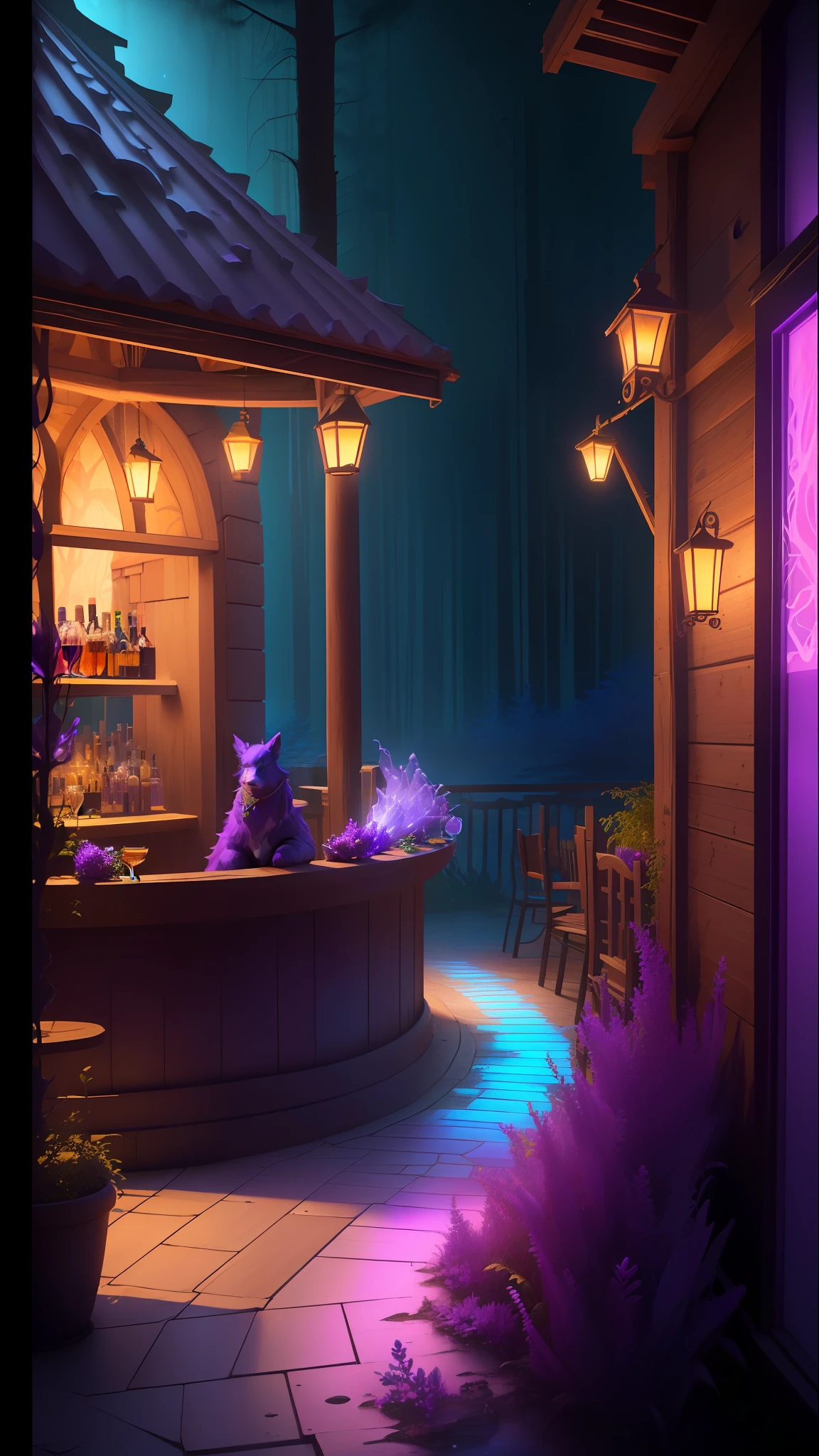 a purple glowing Blueberry and Strawberry Daquarri Cocktail glass, glows in the dark, in the style of imaginative fantasy landscapes, on the balcony of a Rustic Jazz bar, Epic Gas Swamp Background,etailed character design, hyper-realistic details, atmospheric woodland imagery, lightbox, colorful woodcarvings, uhd image, very cool, colorful straws, isometric 3D, octane rendering, ray tracing, very detailed