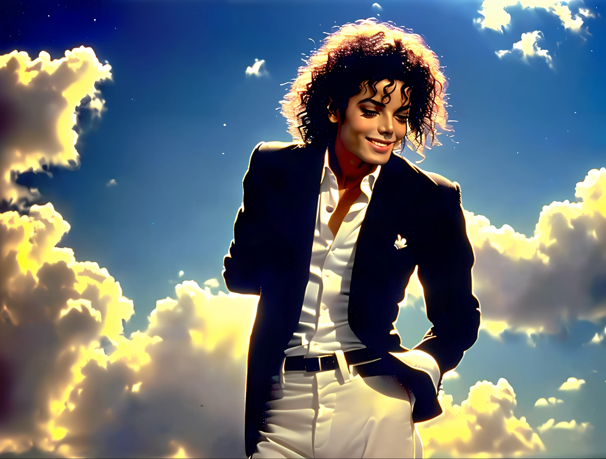 close shot of Michael Jackson onemorechance smiling (videoclipe) flying in the clouds of a bright and beautiful night