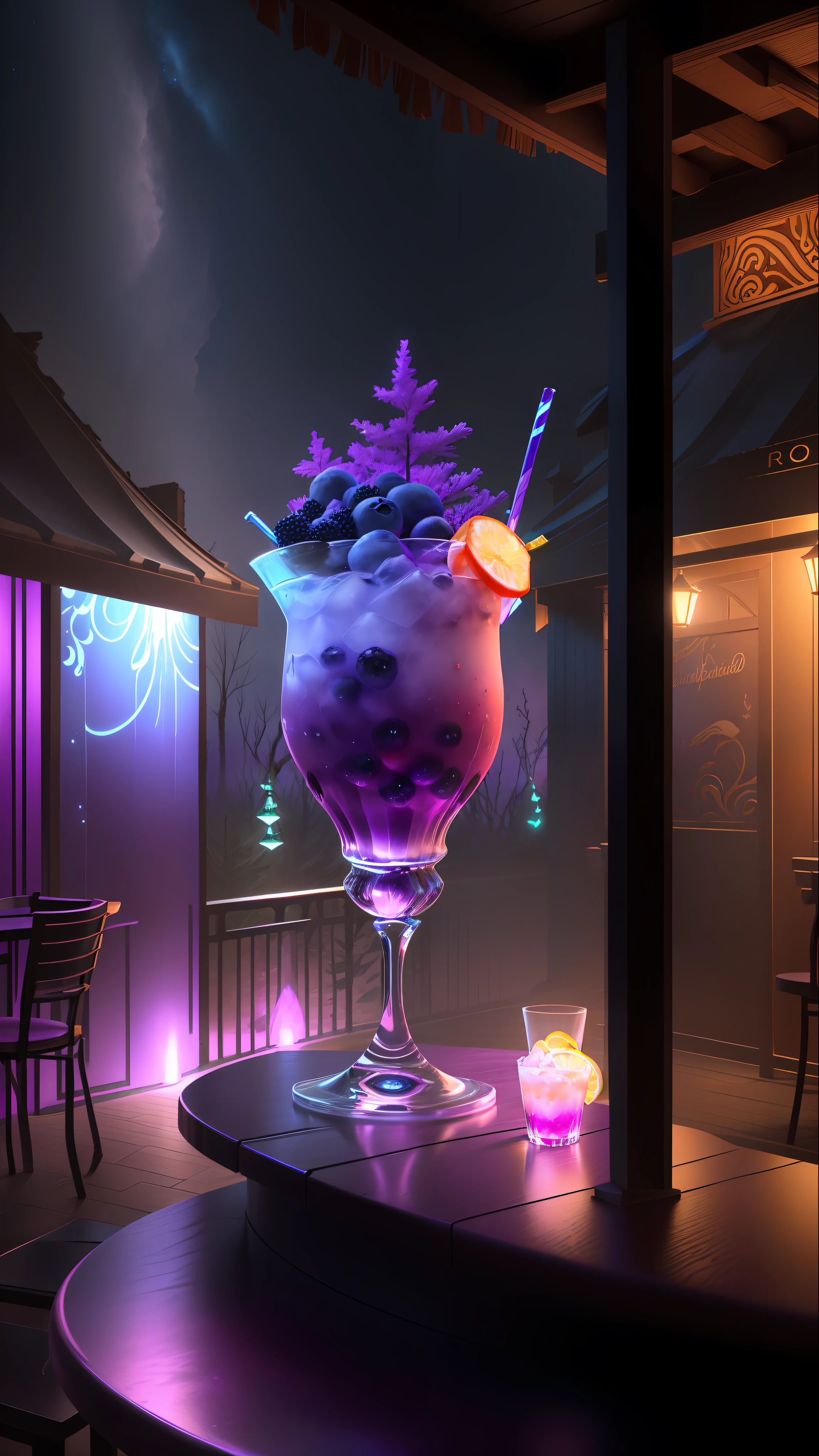 a purple glowing Blueberry and Strawberry Daquarri Cocktail glass, glows in the dark, in the style of imaginative fantasy landscapes, on the balcony of a Rustic Jazz bar, Epic Gas Swamp Background, detailed cocktail, hyper-realistic details, atmospheric woodland imagery, lightbox, colorful woodcarvings, uhd image, very cool, colorful straws, isometric 3D, octane rendering, ray tracing, very detailed