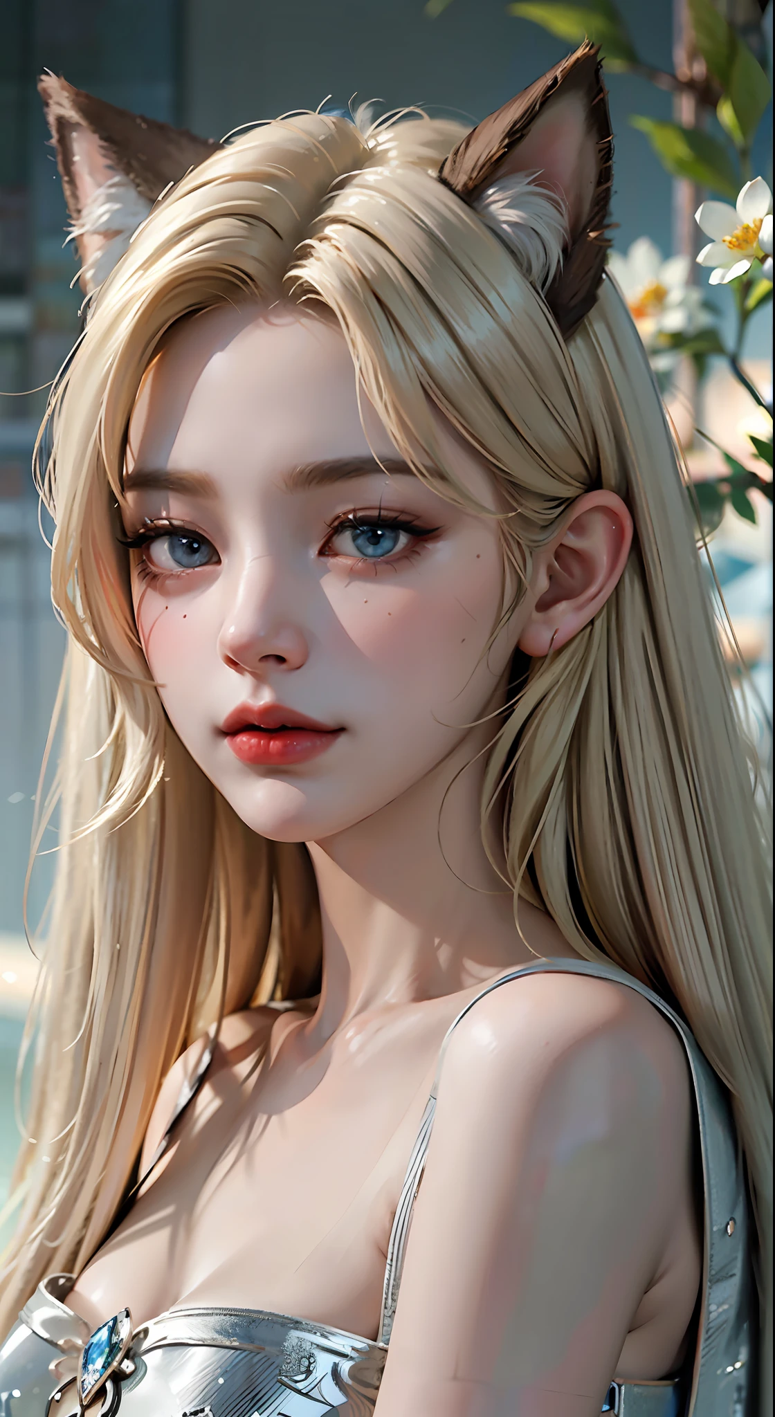 8k uhd, RAW photo, a beast-eared beauty, orc girl, fox ears, long hair, blonde hair and blue eyes, delicate face, delicate skin, full breasts, crystal clear lips, wearing a dress, (real person: 1.3), (highres: 1.4), (detail: 1.5), (realism: 1.7), RAW photo, portrait photography, real person, RAW photo, super high resolution, photo realism, best quality, (high detail skin, skin detail), Visible pores, shiny skin, masterpiece, fine details, colorization, extremely delicate beauty, extremely detailed 8k wallpaper, 8K high quality, DSLR, beautiful girl with beautiful details, (looking at the audience), professional photography lighting, vista