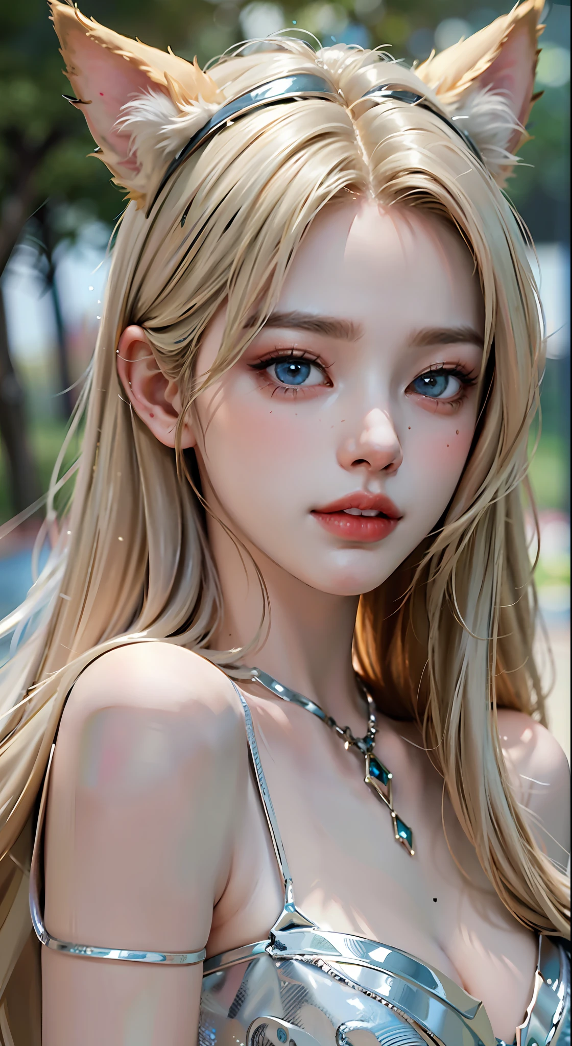 8k uhd, RAW photo, a beast-eared beauty, orc girl, fox ears, long hair, blonde hair and blue eyes, delicate face, delicate skin, full breasts, crystal clear lips, wearing a dress, (real person: 1.3), (highres: 1.4), (detail: 1.5), (realism: 1.7), RAW photo, portrait photography, real person, RAW photo, super high resolution, photo realism, best quality, (high detail skin, skin detail), Visible pores, shiny skin, masterpiece, fine details, colorization, extremely delicate beauty, extremely detailed 8k wallpaper, 8K high quality, DSLR, beautiful girl with beautiful details, (looking at the audience), professional photography lighting, vista