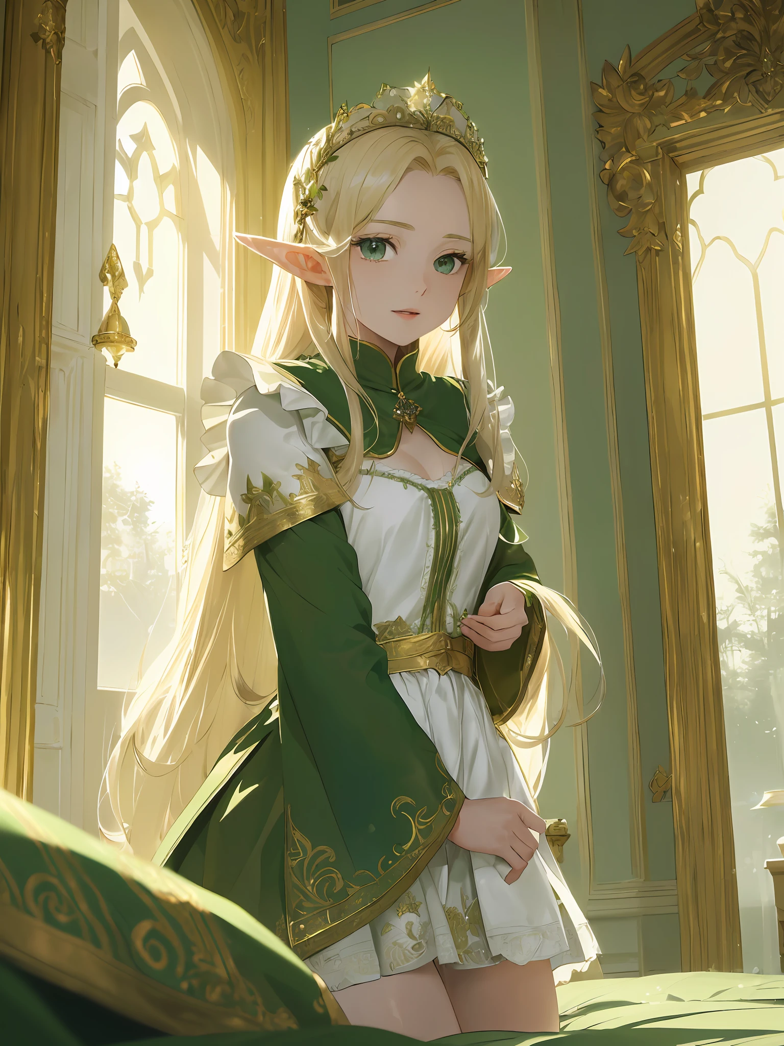 (((Masterpiece, highest quality, high definition, high detail)))), ((((Fantasy)))), one, (Elf Queen)))), (White short skirt with gold embroidery), (Blonde long straight hair), (Glossy dark green eyes), (Green surcoat embroidered with gold), Big, (Queen's bedroom)), ((Large bed with awning))), (( Elf queen being dressed by a maid in front of her bed)), ((Richly decorated green cape)), ((High ceiling)), ((Many large windows)), (((Pale sunlight shining through the window)), tilting her head, embarrassment, (breeze), particles of light flying