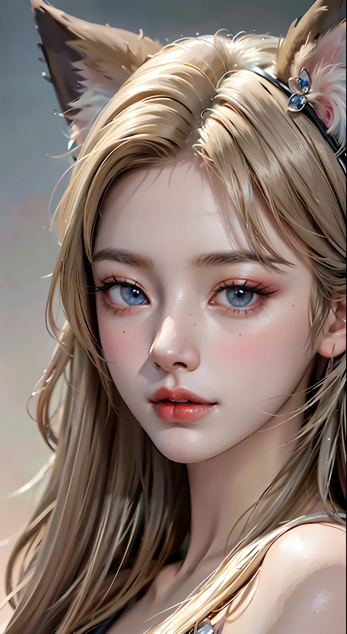 8k uhd, RAW photo, a beast-eared beauty, orc girl, fox ears, long hair, blonde hair and blue eyes, delicate face, delicate skin, full breasts, crystal clear lips, wearing a dress, (real person: 1.3), (highres: 1.4), (detail: 1.5), (realism: 1.7), RAW photo, portrait photography, real person, RAW photo, super high resolution, photo realism, best quality, (high detail skin, skin detail), Visible pores, shiny skin, masterpiece, fine details, colorization, extremely delicate beauty, extremely detailed 8k wallpaper, 8K high quality, DSLR, beautiful girl with beautiful details, (looking at the audience), professional photography lighting, vista