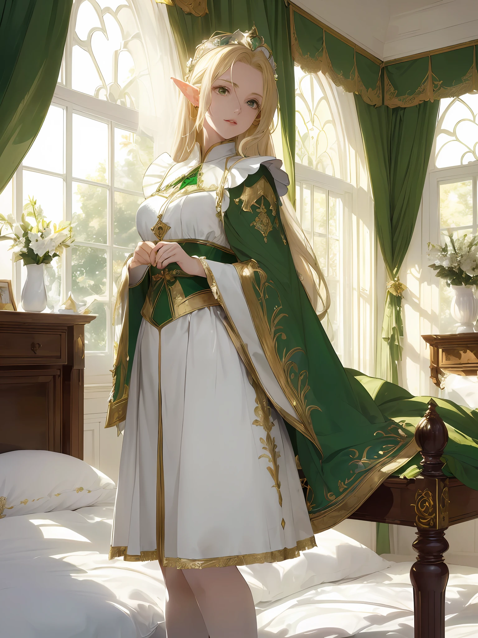 (((Masterpiece, highest quality, high definition, high detail)))), ((((Fantasy)))), one, (Elf Queen)))), (White short skirt with gold embroidery), (Blonde long straight hair), (Glossy dark green eyes), (Green surcoat embroidered with gold), Big, (Queen's bedroom)), ((Large bed with awning))), (( Elf queen being dressed by a maid in front of her bed)), ((Richly decorated green cape)), ((High ceiling)), ((Many large windows)), (((Pale sunlight shining through the window)), tilting her head, embarrassment, (breeze), particles of light flying