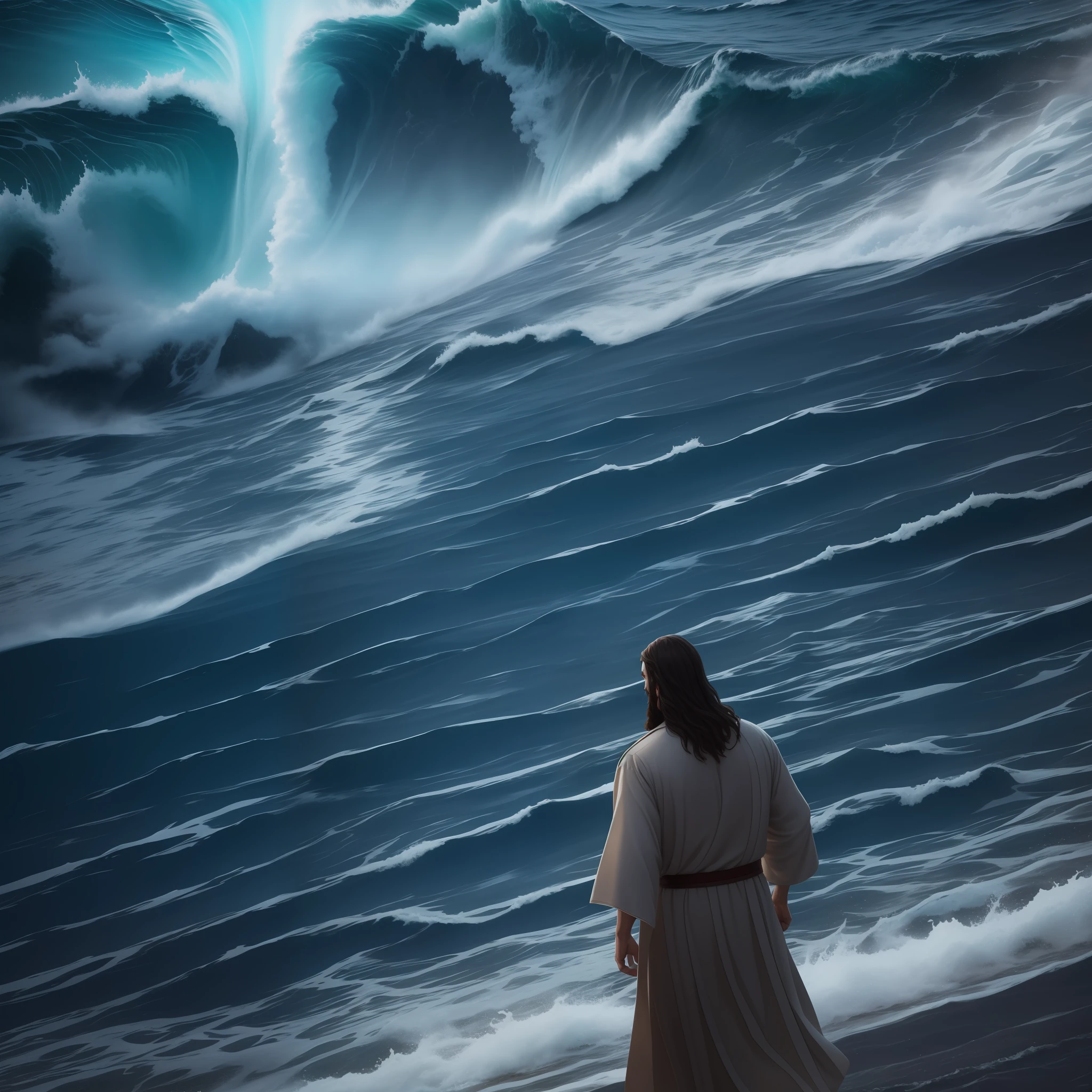 jesus walking on water in a storm, masterpiece, best quality, high quality, extremely detailed CG unit 8k wallpaper, award winning photography, Bokeh, Depth of Field, HDR, bloom, Chromatic aberration, photorealistic, extremely detailed, trending on artstation, trending on CGsociety, intricate, high detail, dramatic, mid-journey art, volumetric lighting