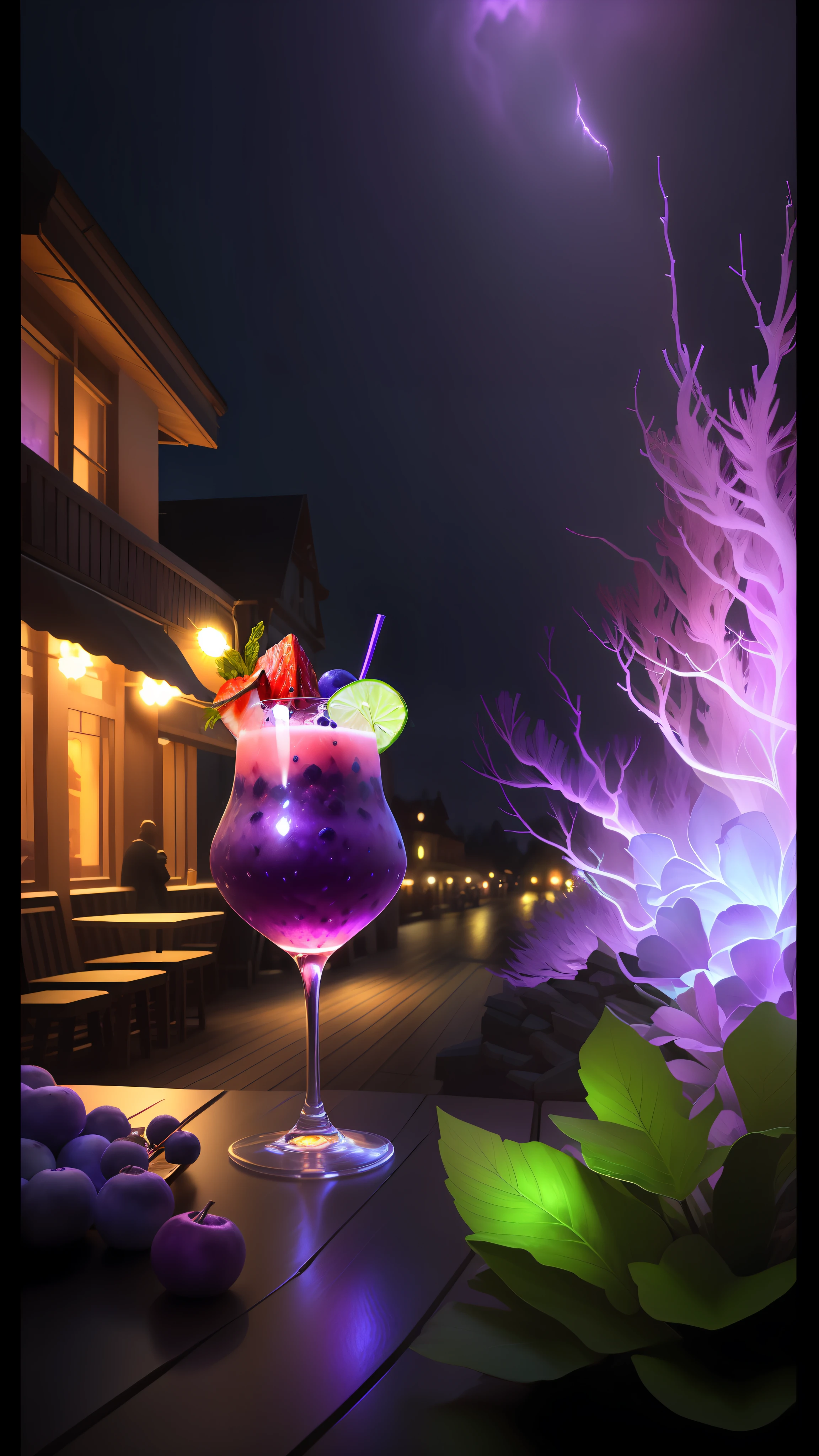 a purple glowing Blueberry and Strawberry Daquarri Cocktail glass, glows in the dark, in the style of imaginative fantasy landscapes, on the balcony of a Rustic Jazz bar, Epic Gas Swamp Background,etailed character design, hyper-realistic details, atmospheric woodland imagery, lightbox, colorful woodcarvings, uhd image, very cool, colorful straws, isometric 3D, octane rendering, ray tracing, very detailed