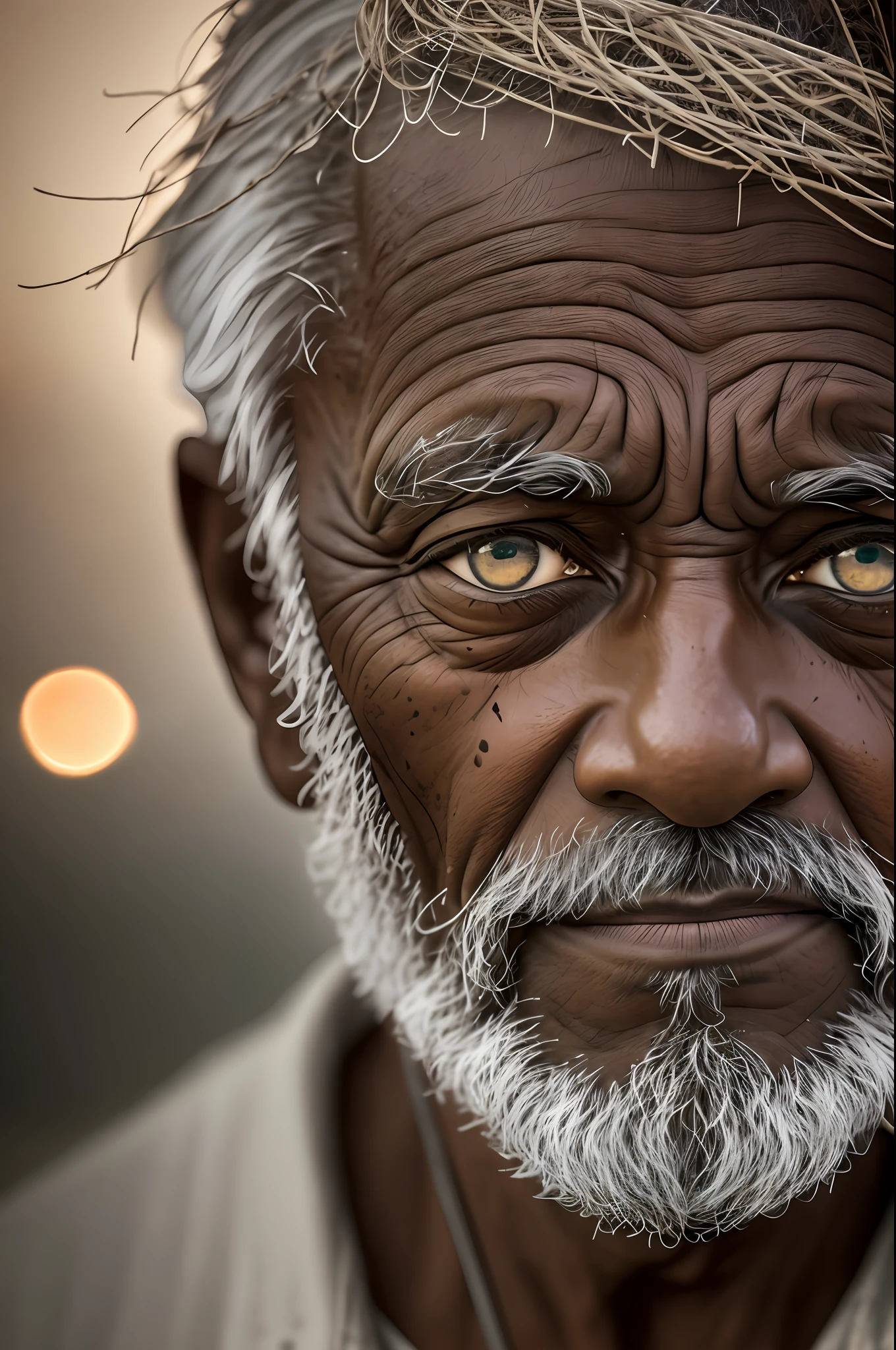 Award-winning color portrait photo of upper body of an old black sailor, eyes looking up, (bokeh:0.7), sidelit, (face wrinkled in details:0.7), telephoto, moonlight, torches, sandy atmosphere, ocean night exterior, realistic, intricate details, true aged skin texture