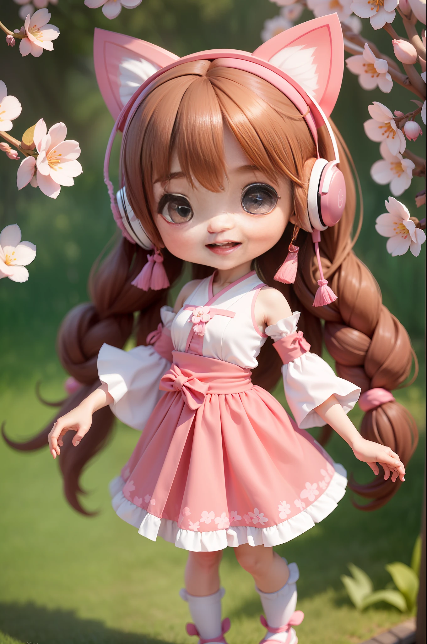Happy, beautiful smile, Brown hair, pink kitten headphones, pink jumpsuit, (masterpiece), (best quality), (ultra-detailed), (full body: 1.2), 1girl, chibi, cute, smile, gohei, hands on waist, (castanhos_amarrados hair), fines_de_ouvido_de_gatinho_rosa kochiya_sanae, solo, Touhou, bare_shoulders, detached_sleeves, frog_hair_ornament, hair_ornament, hair_tubes, macacão_rosa, nontraditional_miko, skirt, white_shirt, wide_sleeves, open mouth, outdoors, sanctuary, :3, cherry blossoms, blurry, (beautiful detailed face), (beautiful detailed eyes),