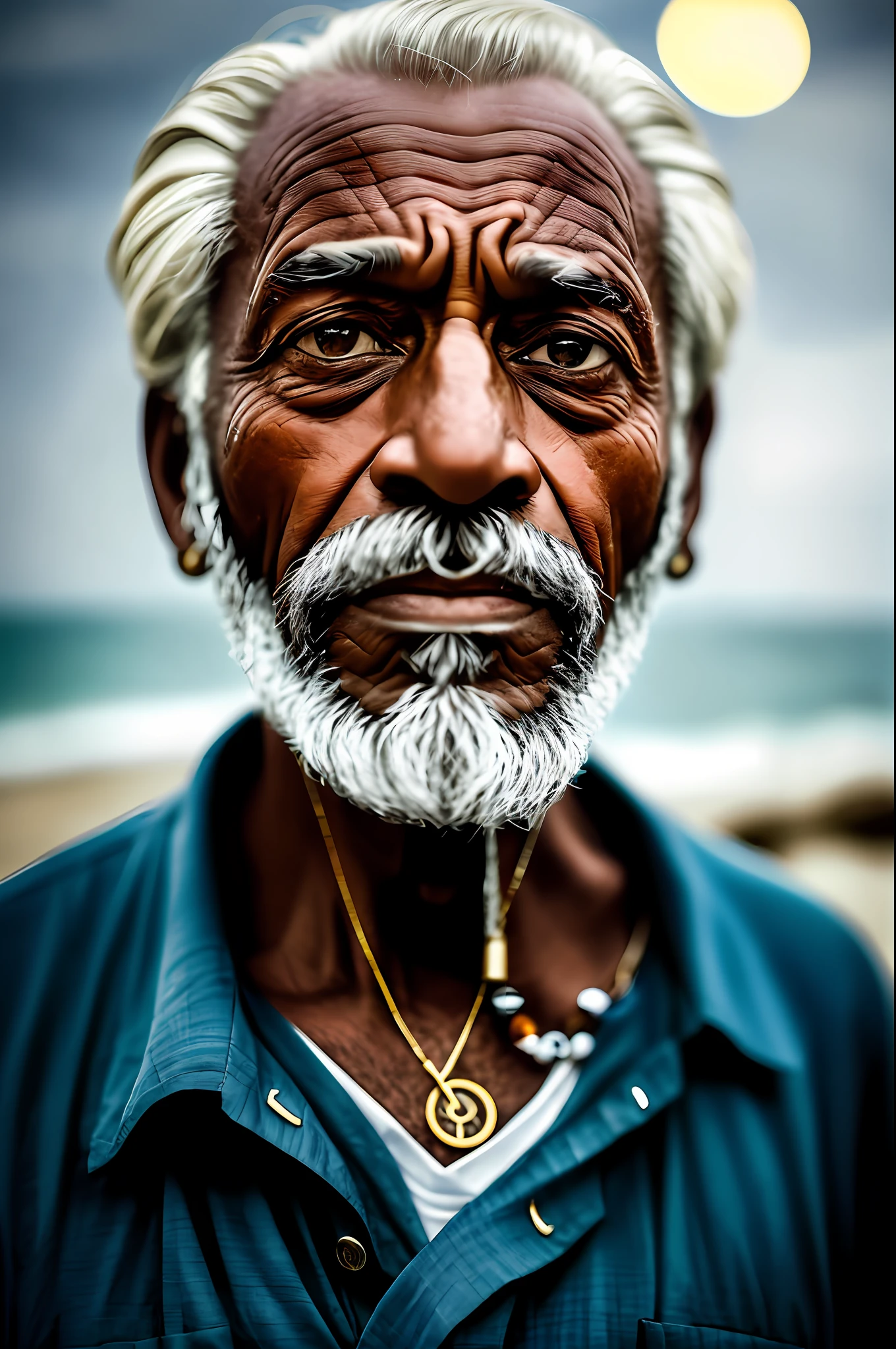 Arafed man with a beard and a necklace on his neck, old man portrait, 4k color photography portrait, stunning portrait, ultra detailed portrait, sharp front gaze portrait, dramatic portrait, portrait photo of an old man, dramatic portrait of namenlos, portrait of an old man, close-up portrait photo, face-centered portrait, portrait of a beautiful person