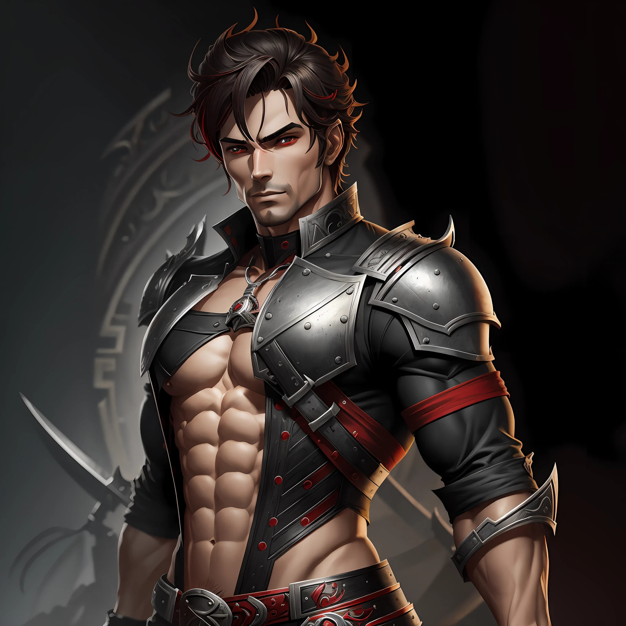 Corinthian musketeer, male, metal parts, black and red clothing, muscular