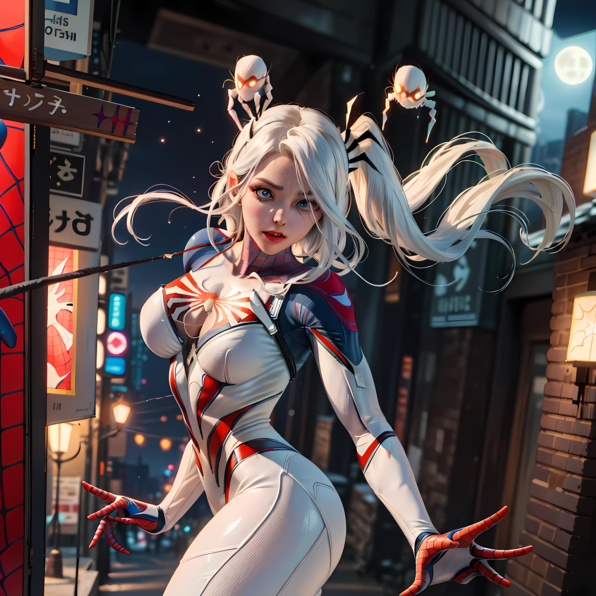 (Masterpiece, 4k resolution, ultra-realistic, very detailed), highly detailed RAW color Photo, ((full shot)), (White superhero theme, charismatic, there's a beautiful girl on top of town, (((wearing skintight white (Spider-Man costume)))), she's a superhero), ((25 years)), (long white hair:1.2), full body, (blue eyes:1.2), ((curvy), hourglass figure), dynamic pose, show of strength, (wide hips), (detailed skin), (detailed lips), (detailed eyes), (cosmic:1.4), ((sandy urban environment):0.8), (cityscape, at night, dynamic lights), (full moon), (Sci-Fi setting), (detailed face), chromatic aberration, depth of field, soft lighting, masterpiece, best quality, intricate, (lens flare:0.7), (bloom:0.7), particle effects, raytracing, tone mapped, highly detailed, concept art, smooth, sharp focus, dramatic lighting, highly detailed artwork, cinematic, hyper realistic painting, incredible shadows, realistic, (highly detailed background:1.2)