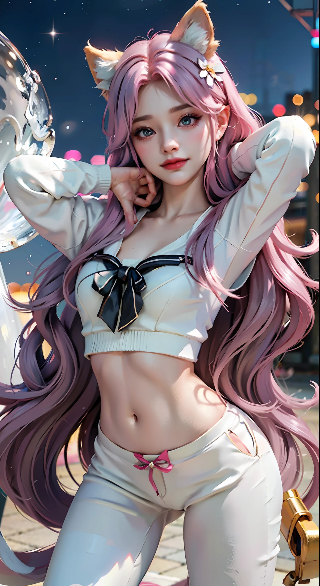 Fox Human, Furry Ears, Ultra Clear, Detail Portrayal, Detail Legs, Greasy Skin, Cinematic Texture, Best Quality, Best Light, White Sweater, White Skinny Yoga Pants, Detail Face, Collarbone, Long Long Legs, Long Hair of Random Color, Random Color Eyes, Light Pollution, 8K, 3D, Hair Accessory Bow, Big, Smile, Expression, Action, Sailor, Hand Refinement, 8K HD, Star Guardian, Greasy Skin, Best Angle, Ultra HD Quality, Role Play, Unreal Engine, Best Gloss, Best quality, masterpiece, highest image quality