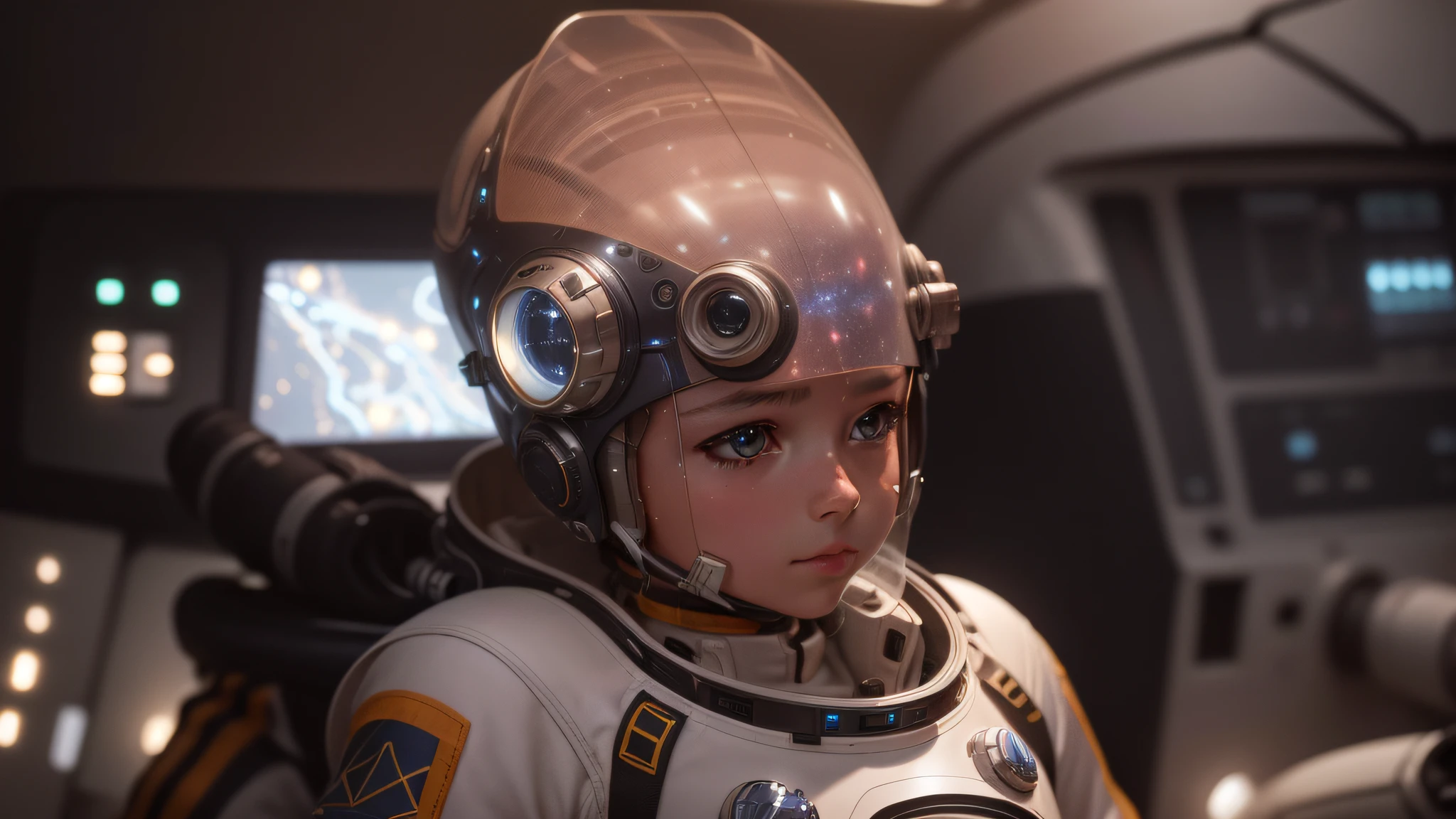 (detailed space suit),(light and shadow effect),(diver),control panel details,bright buttons,starry sky,(deep blue lighting),(futuristic glow),(soft and elegant),polished metallic gray,minimal scratch spots, organic aspect, exposed face skin, pronounced eyes --auto --s2