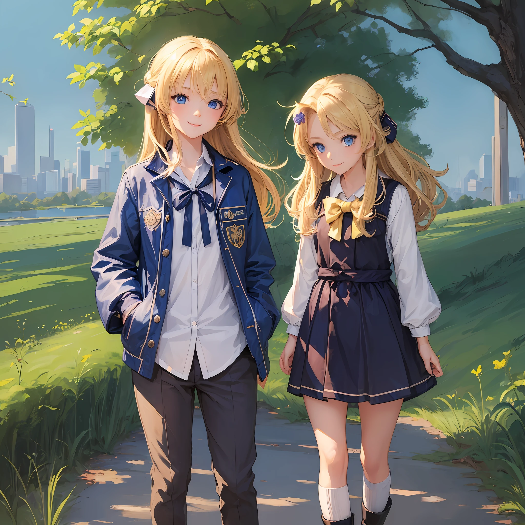 ((Girl:1.2) , (blue eyes:1.1), (blonde:1.1),(anime manga style)), better quality, better lighting, better shade, sunset, (sweet smile:1.2), bow in the hair, standing in a green meadow, gentle breeze. --auto --s2