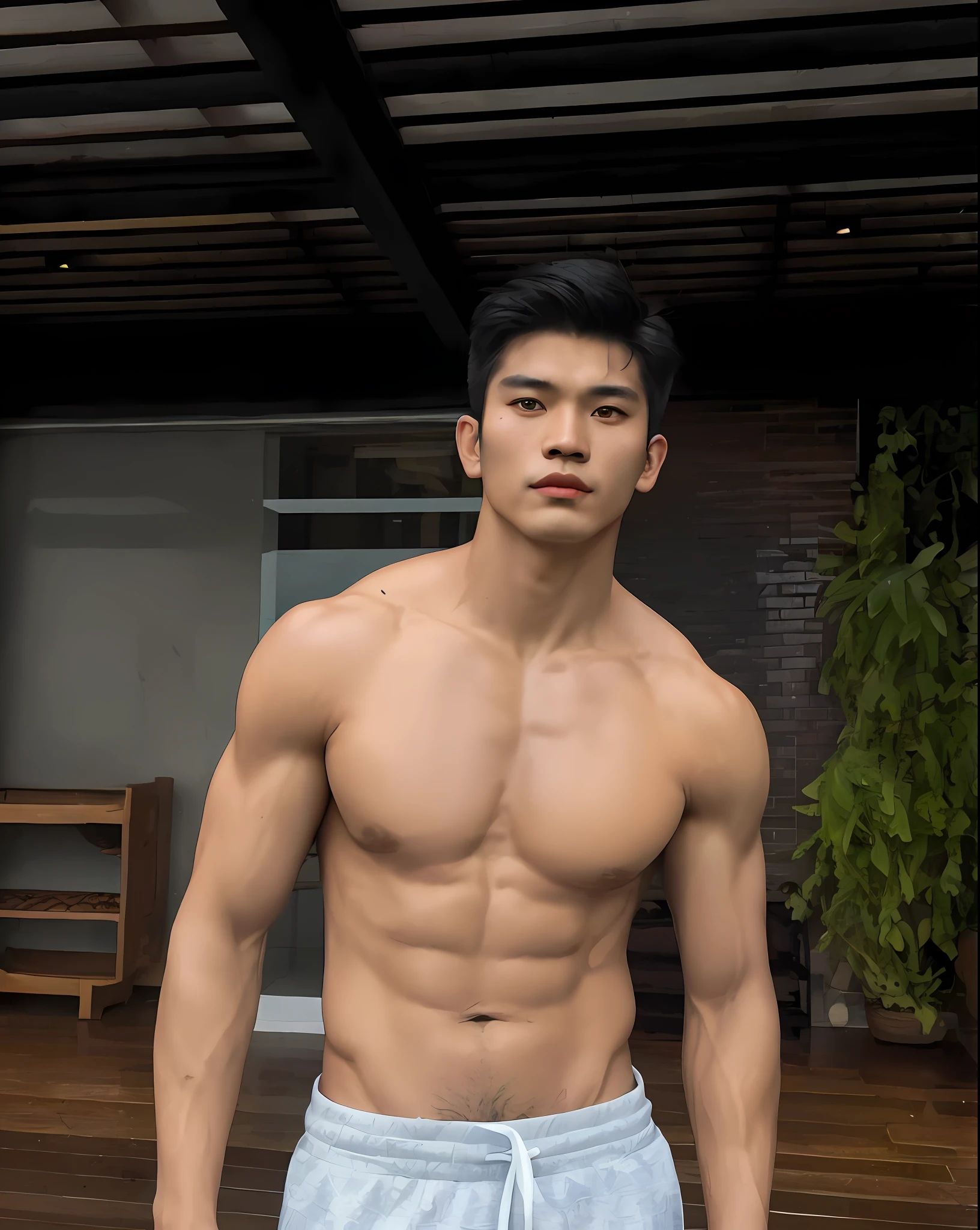 (Muscular, handsome, shirtless, double eyelids, asian), Chala is the legendary crocodile fighter, and his captivating persona. Chala emerges from the depths of ancient tales as a formidable warrior, deeply intertwined with the mythos of the land. A crocodid depicted with an imposing presence, exuding an air of primal power and mystique. Clad in traditional Thai attire, shirtless, his ensemble reflects a fusion of regal elegance and battle-hardened resilience. The intricate details of his clothing, adorned with vibrant patterns and ornate embroidery, pay homage to the cultural heritage of the region.