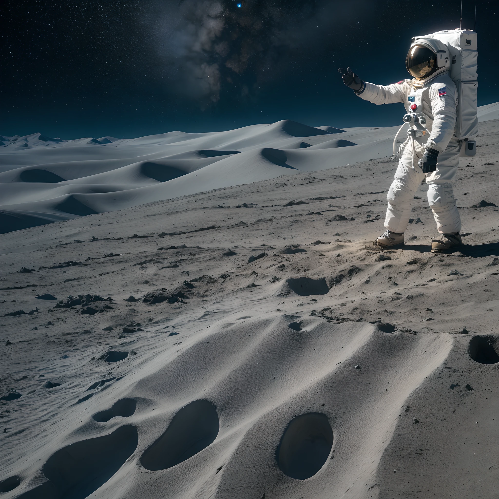extremely detailed CG unity 8k wallpaper, masterpiece, dynamic angle, best quality, astronaut riding a horse, moon surface, starry night, low gravity, lunar module in the background, astronaut helmet reflecting earth, majestic and serene scenery, floating feel