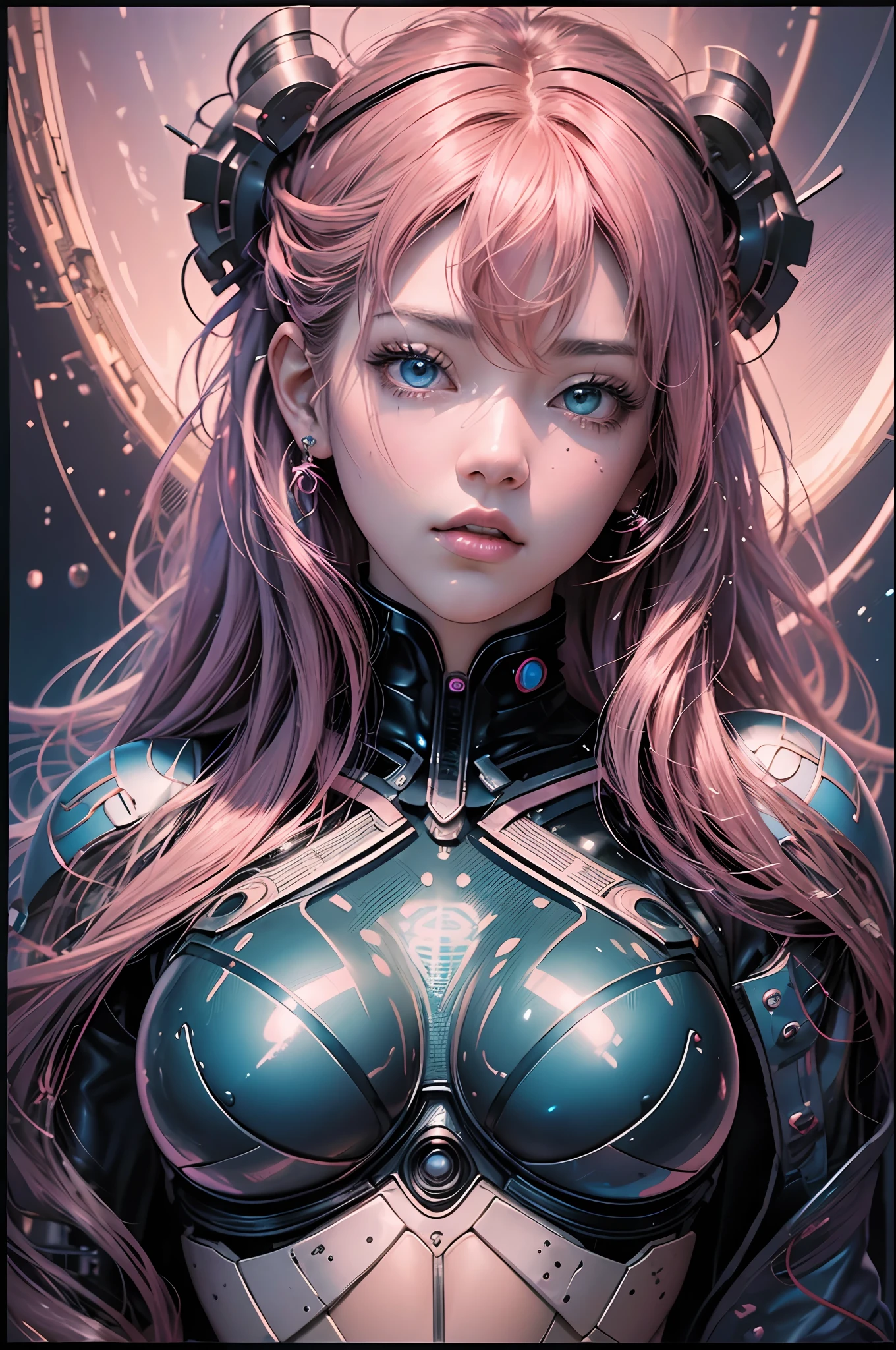 realistic masterpiece illustration of Rosé Blackpink, voluptuous body, neon genesis evangelion pilot, beautiful face, cute face, sunlight, cinematic light, bangs, a beautiful woman, dynamic pose, beautiful eyes, perfect eyes, perfect anatomy, very cute, princess eyes , (hazel eyes) , Ulzzang makeup, (frame the head), Centered image, stylized, black and pink,  bioluminescence, 8 life size,8k Resolution, human hands, elegant, approaching perfection, dynamic, highly detailed, character sheet, smooth, symmetrical and balanced, stunningly beautiful woman, detailed hairstyle, Lisa Blackpink, ChilloutMix, Korean Doll Likeness --auto --s2