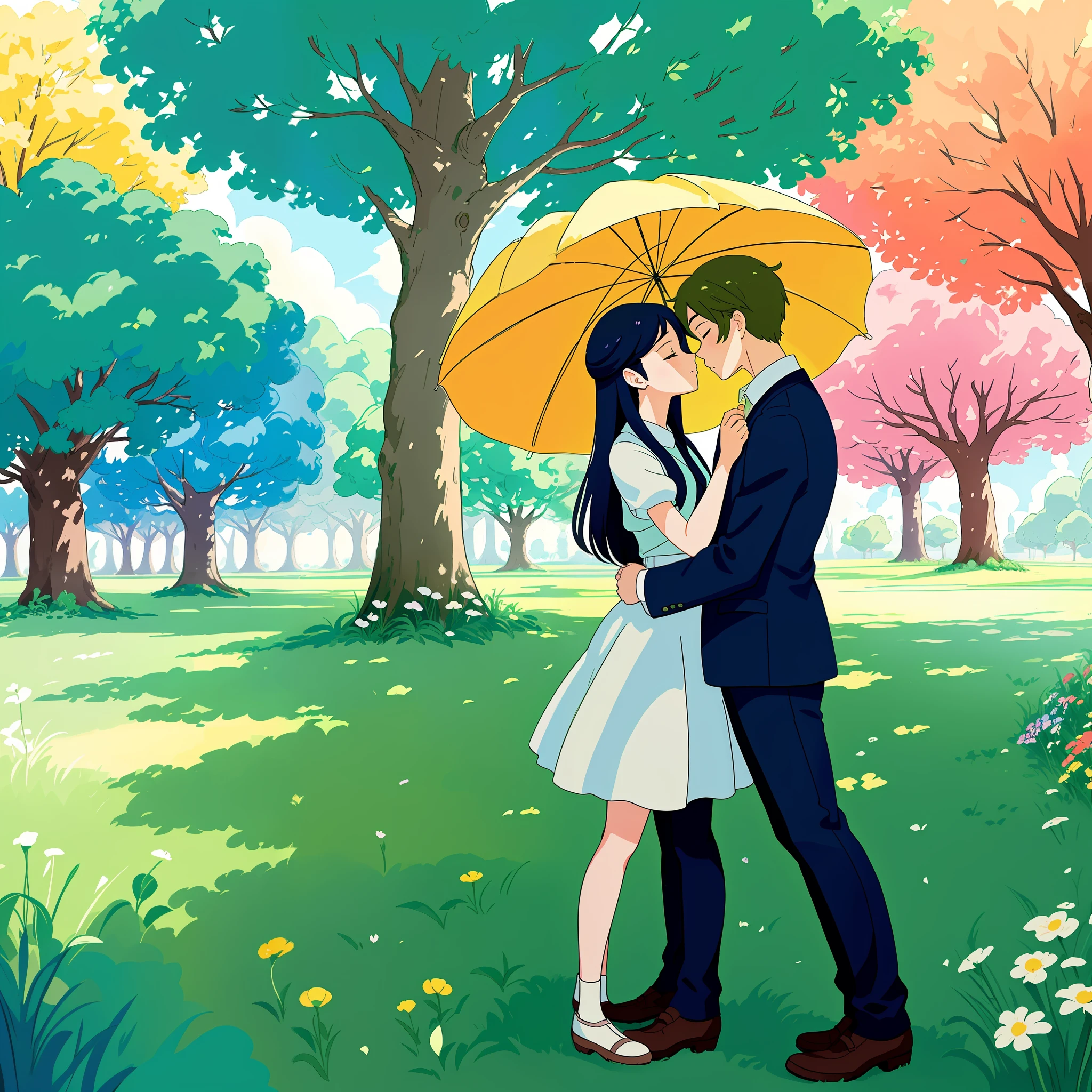 Under a tree where grass does not grow
We hugged and kissed promising never to grow old
You have a chance and you took it on me
And I made a promise that I could not keep
(Best Quality: 1.3), (High Resolution: 1) Studio Ghibli Style Art, Studio Mappa Style Art, Vibrant Colors, Impressionism, Art by Artist Ian Macke Style, Couple