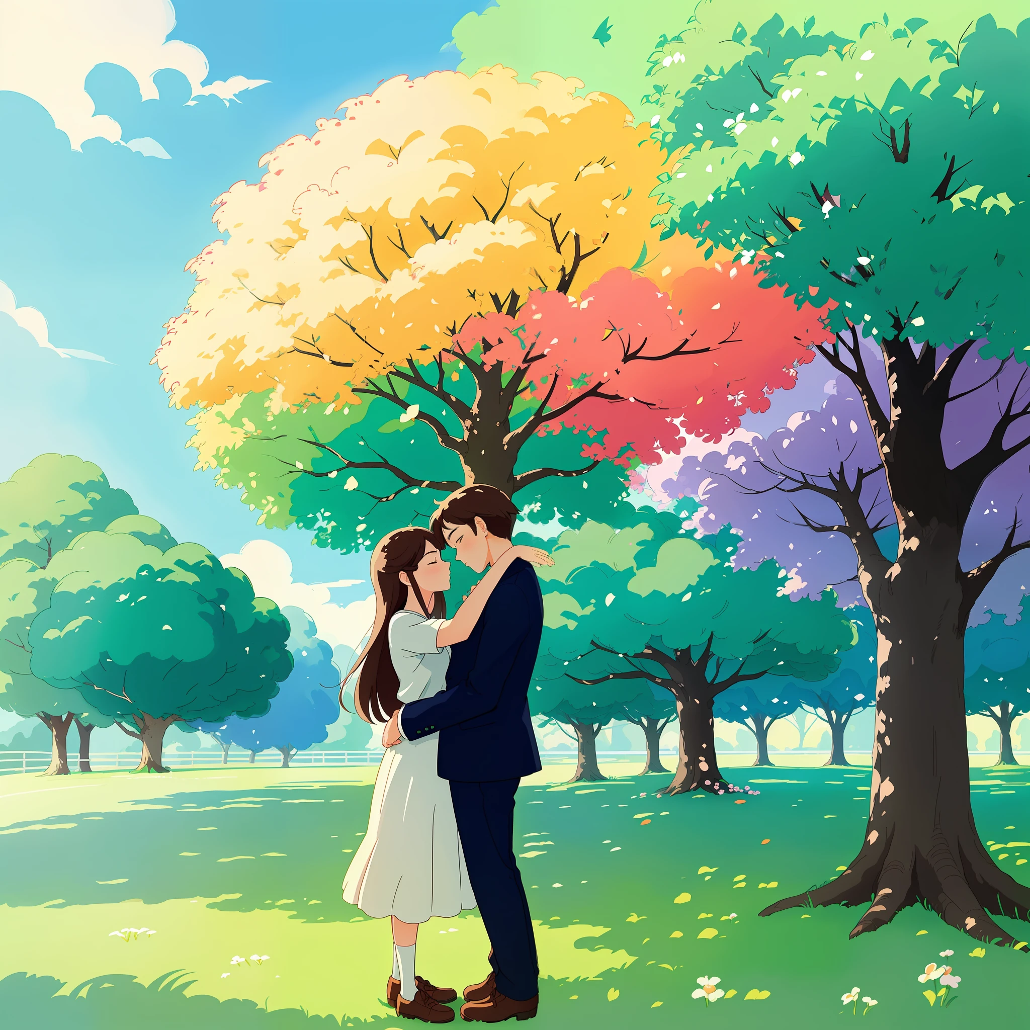 Under a tree where grass does not grow
We hugged and kissed promising never to grow old
You have a chance and you took it on me
And I made a promise that I could not keep
(Best Quality: 1.3), (High Resolution: 1) Studio Ghibli Style Art, Studio Mappa Style Art, Vibrant Colors, Impressionism, Art by Artist Ian Macke Style, Couple