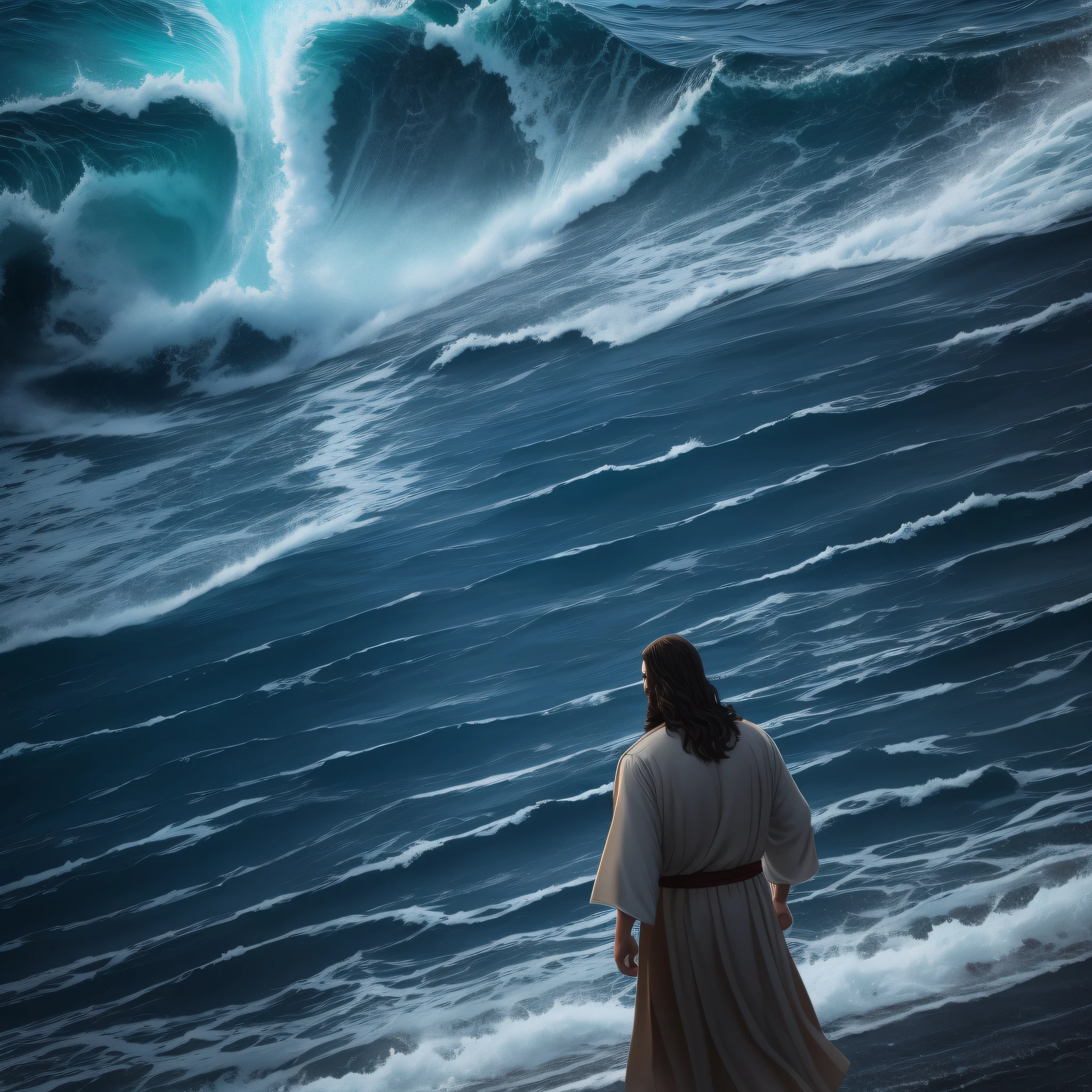 jesus walking on water in a storm, masterpiece, best quality, high quality, extremely detailed CG unit 8k wallpaper, award winning photography, Bokeh, Depth of Field, HDR, bloom, Chromatic aberration, photorealistic, extremely detailed, trending on artstation, trending on CGsociety, intricate, high detail, dramatic, mid-journey art, volumetric lighting