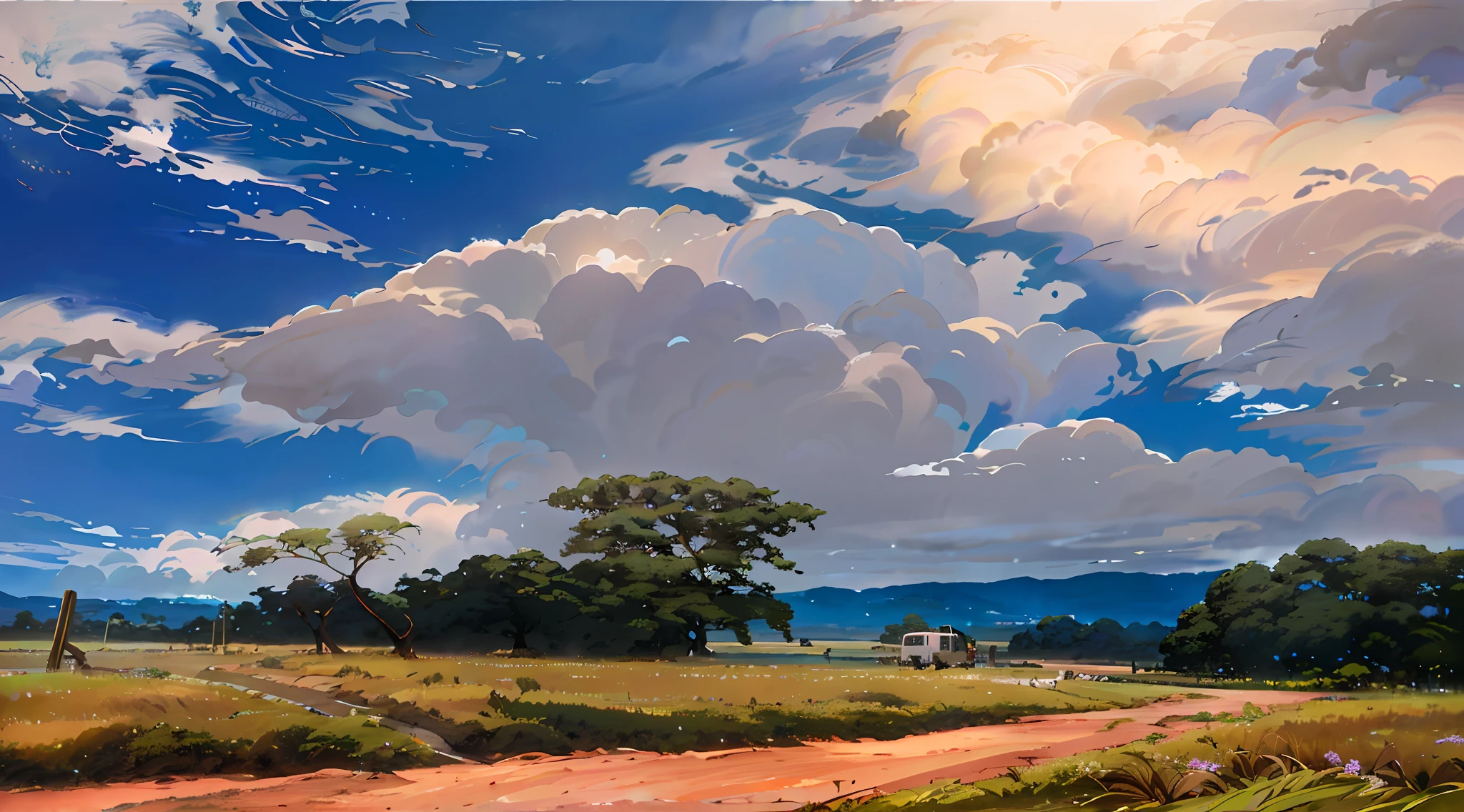 there is a painting of a dirt road with a cow in the distance, beautiful oil matte painting, hyper realistic clouds, wlop and rhads, rhads!!!, rhads!, studio ghibli sky, photorealistic landscape, rhads and thomas kinkade, hyperrealistic landscape, studio ghibli landscape, giant clouds, anime countryside landscape, by RHADS