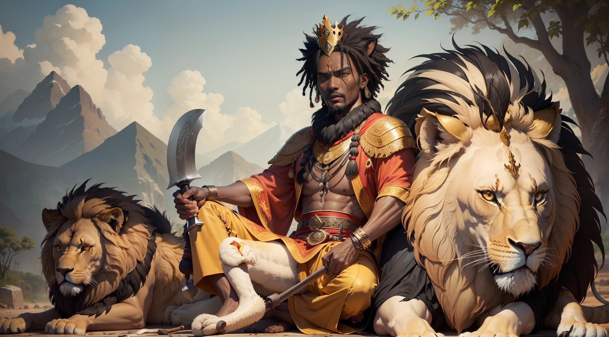 "Capture the real and dominant presence of Xangô, a 32-year-old man with black skin depicting a figure sitting on a stone throne in an Afro village with((( his faithful lion))) next to his throne adorned with majestic robes and a crown, short hair radiating authority and wisdom." clothes in the colors red and white, (((with a two-sided axe in hand)))