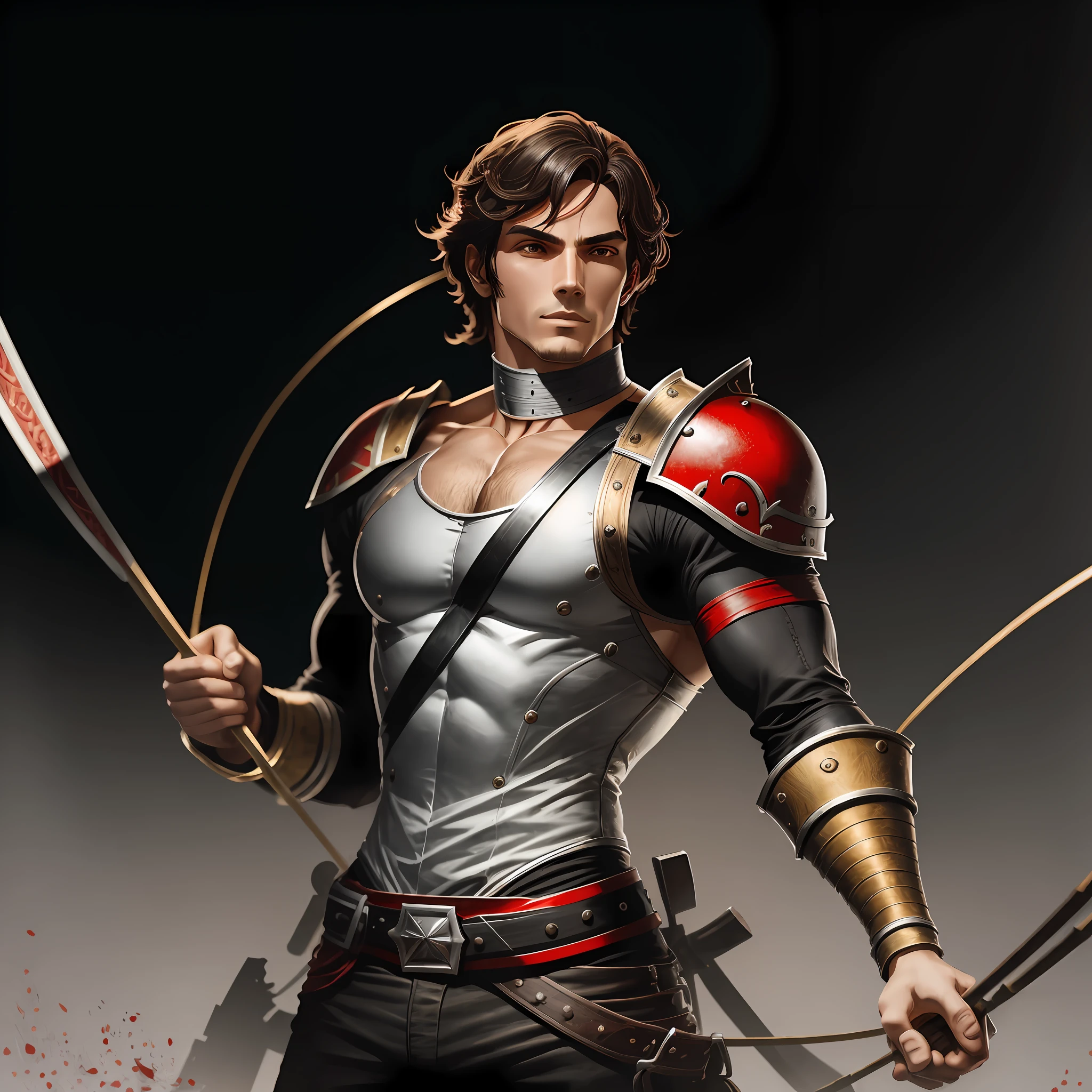 Corinthian musketeer, male, metal parts, black and red clothing, muscular, holding a fencing sword