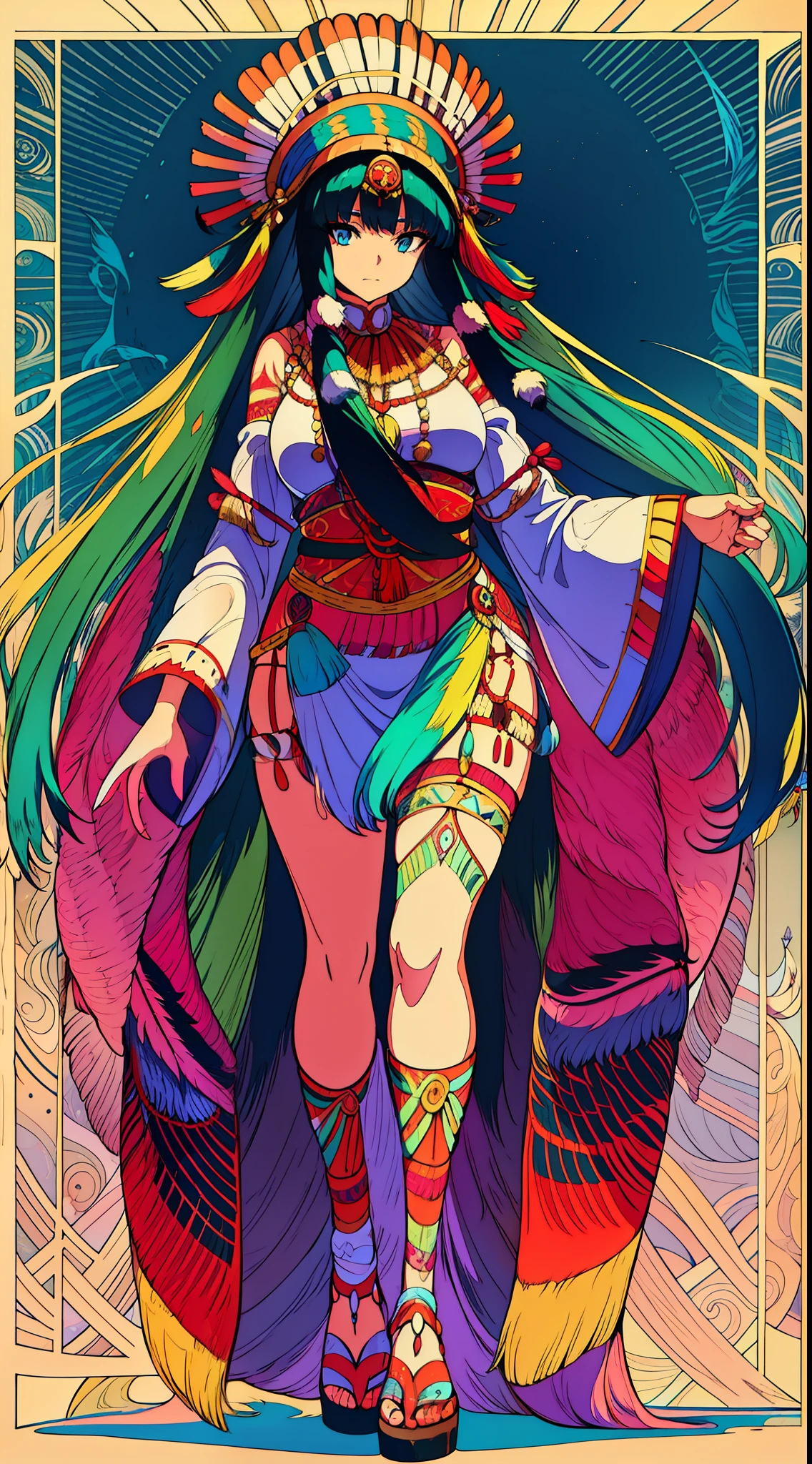 anime, a woman in native dress with feathers and a headdress, beautiful young wind spirit, full body, 8k high quality detailed art, detailed digital anime art, tribal anime boy with long hair, stunning art style, beautiful digital art, fanart best artstation, native american, indian art, guweiz style art, guweiz in artstation pixiv
