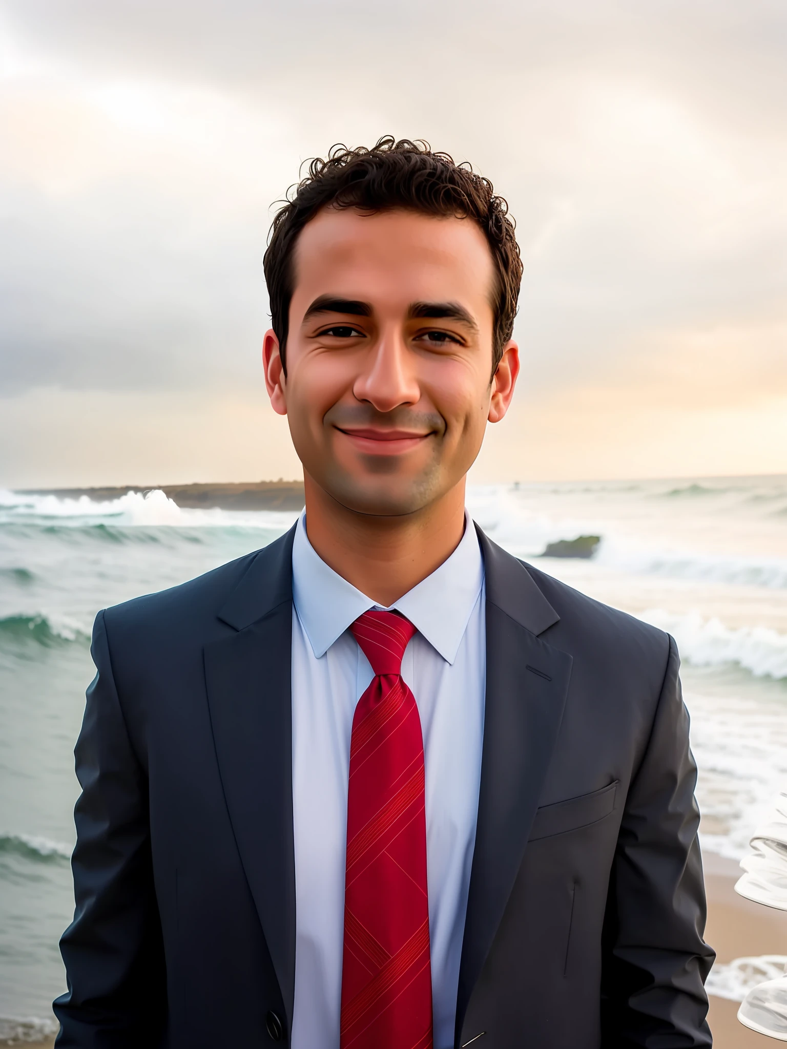 arafed man standing on the beach with his hands in his pockets, , handsome  the sea and storms behind him, profile shot, fan art. Middle smile. straight hair straight hair