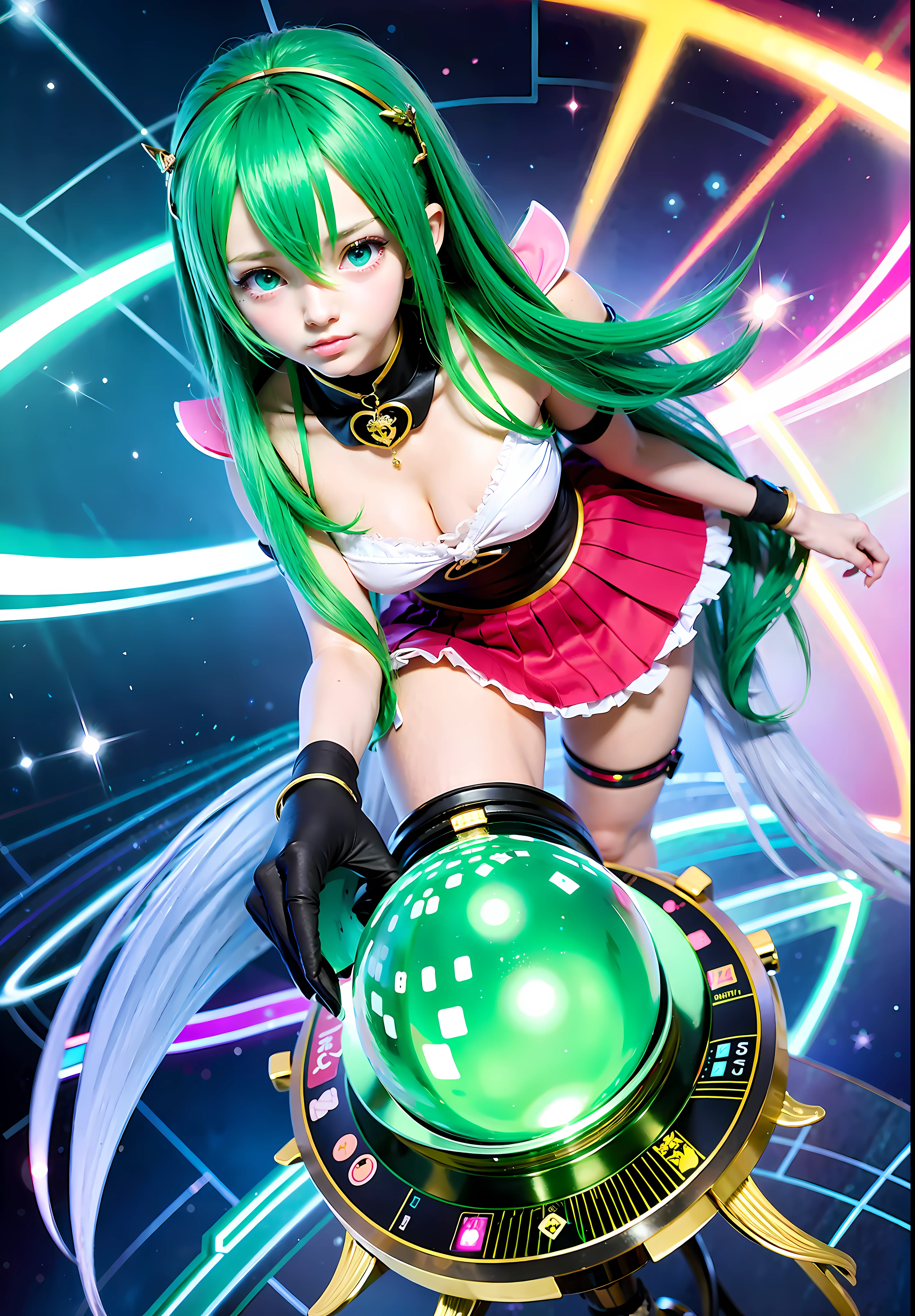 Intricate anime scene of kawaii magical girl hacker magically controlling and hacking a emerald — lit magical computer — style scenic, Anime Style -s 225
