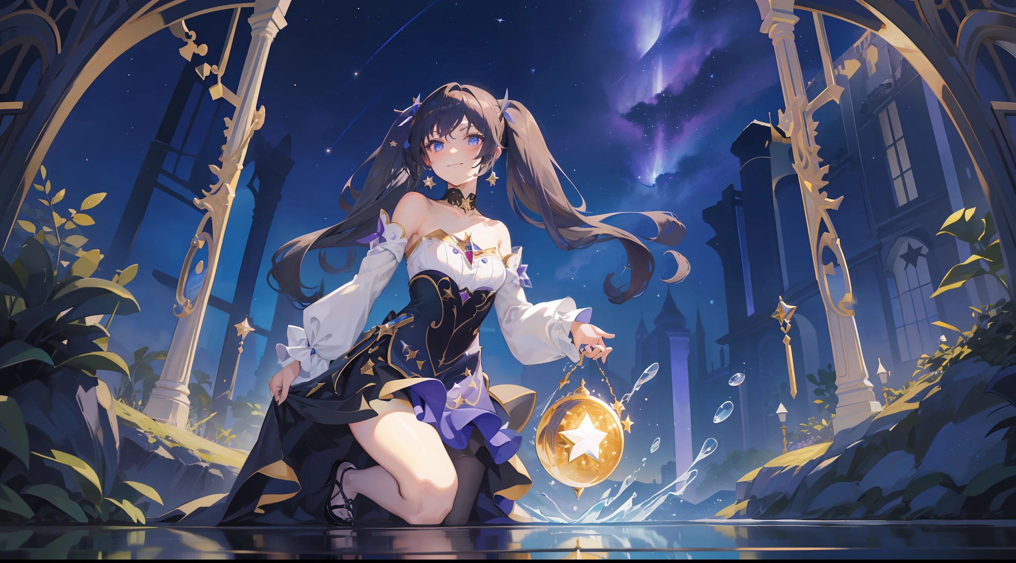 girl, solo, Mona \(Genshin Impact\), choker, hair between eyes, star \(symbol\), long hair, dark purple hair, twintails, blue eyes, shining eyes, smile, mysterious, jewelry, witch, maid, bangs, purple black dress, purple skirt, white apron, landscape, night sky, star \(sky\), starry sky, night, outdoor, clouds, reflection, water, magic, tarot, water magic, ((beautiful golden crystal star)), space, water drops, Splash, looks up