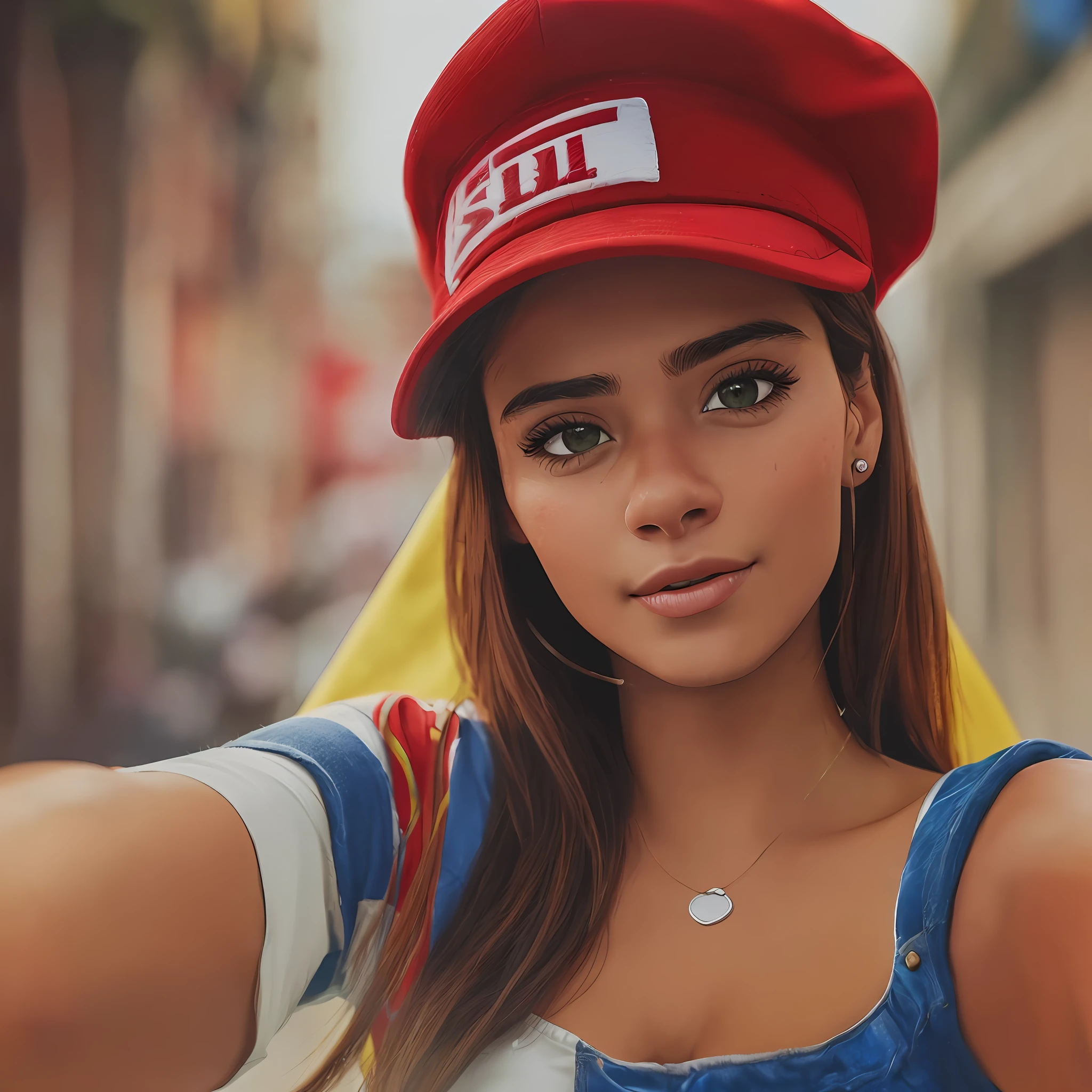 ((top quality, realistic: 1.3)), Brazilian woman, taking selfie from cell phone, with a red cap and in Brazil. --auto --s2