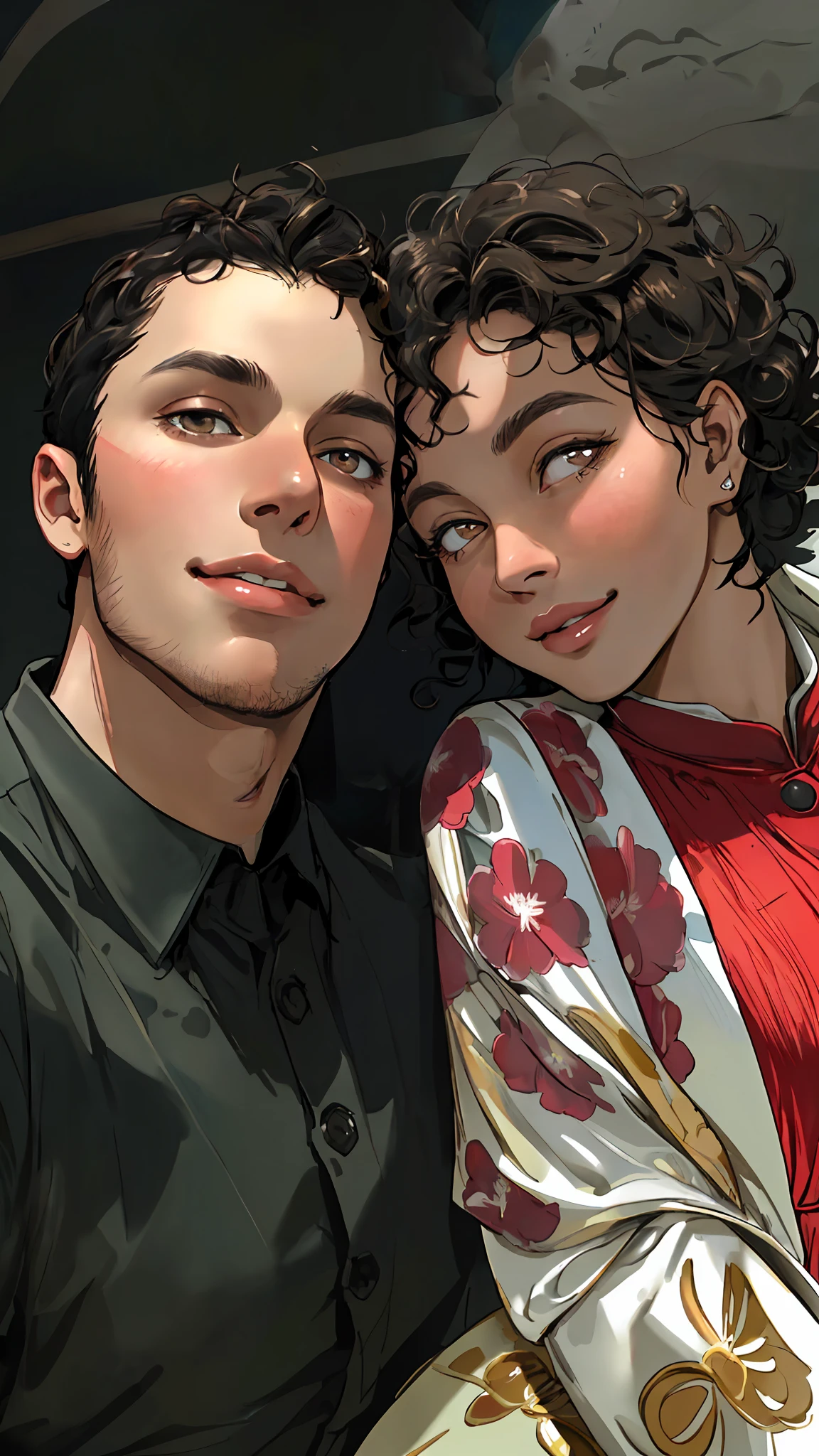 Romantic. passionate, happy facial expression. Woman with short black curly curly hair. Woman with honey-colored eyes and rounded nose. good quality. Ultra quality. Film. elegant. I suggest detailed. dynamic pose. Color grading, realistic