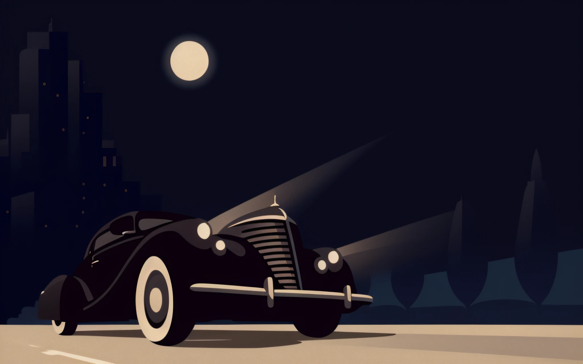 there is a black car driving down the road at night, cinematic. art deco, stylized digital illustration, art deco illustration, retro illustration, inspired by Otto Eckmann, art deco sci fi, in style of james gilleard, edward hopper and james gilleard, illustration style, vector behance hd jesper ejsing, movie illustration, noir animation, vehicle illustration --auto --s2